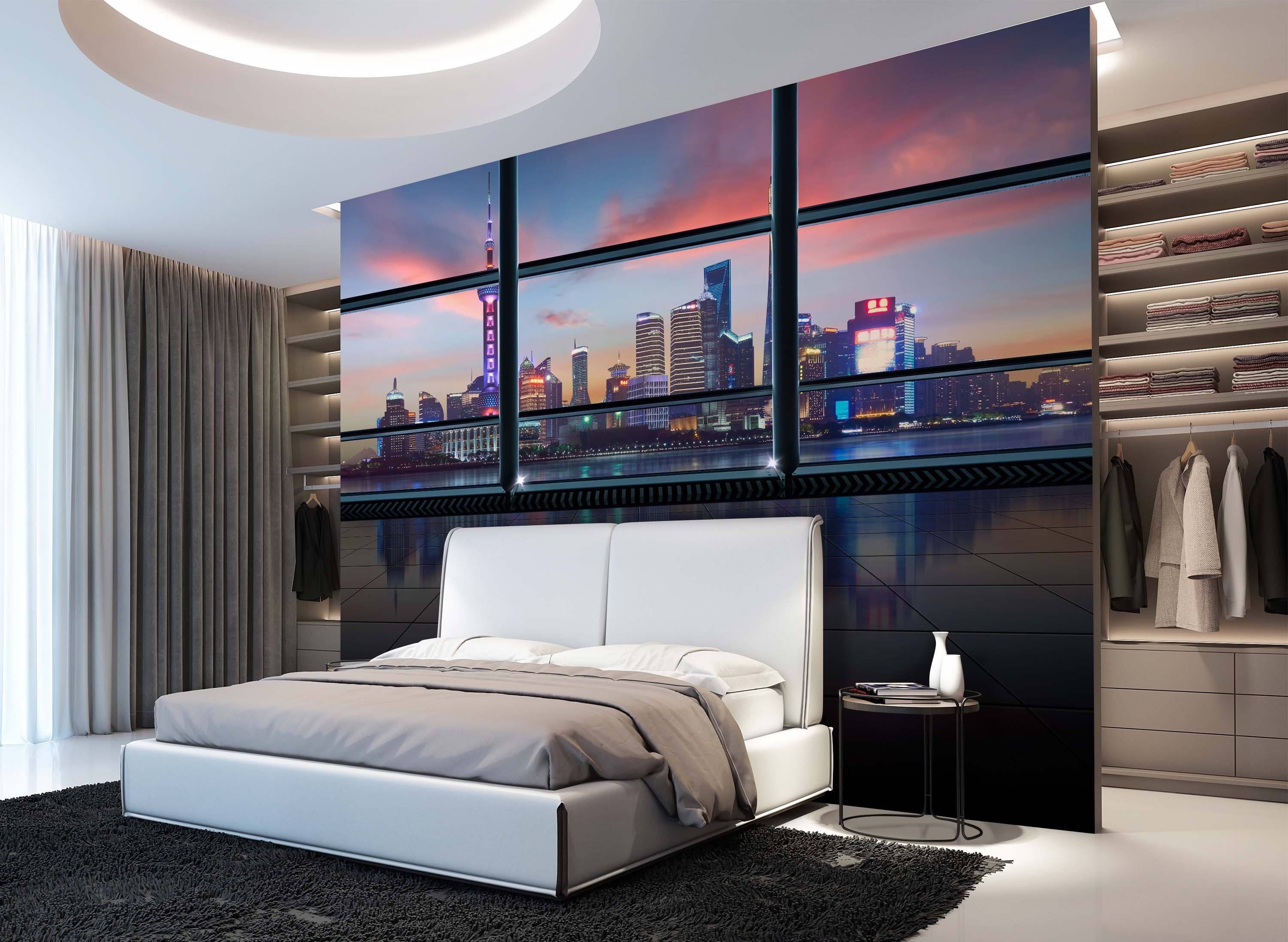 wandmotiv24 Fototapete Ausblick Fenster Stadt Skyline Nacht, glatt, Wandtapete, Motivtapete, matt, Vliestapete