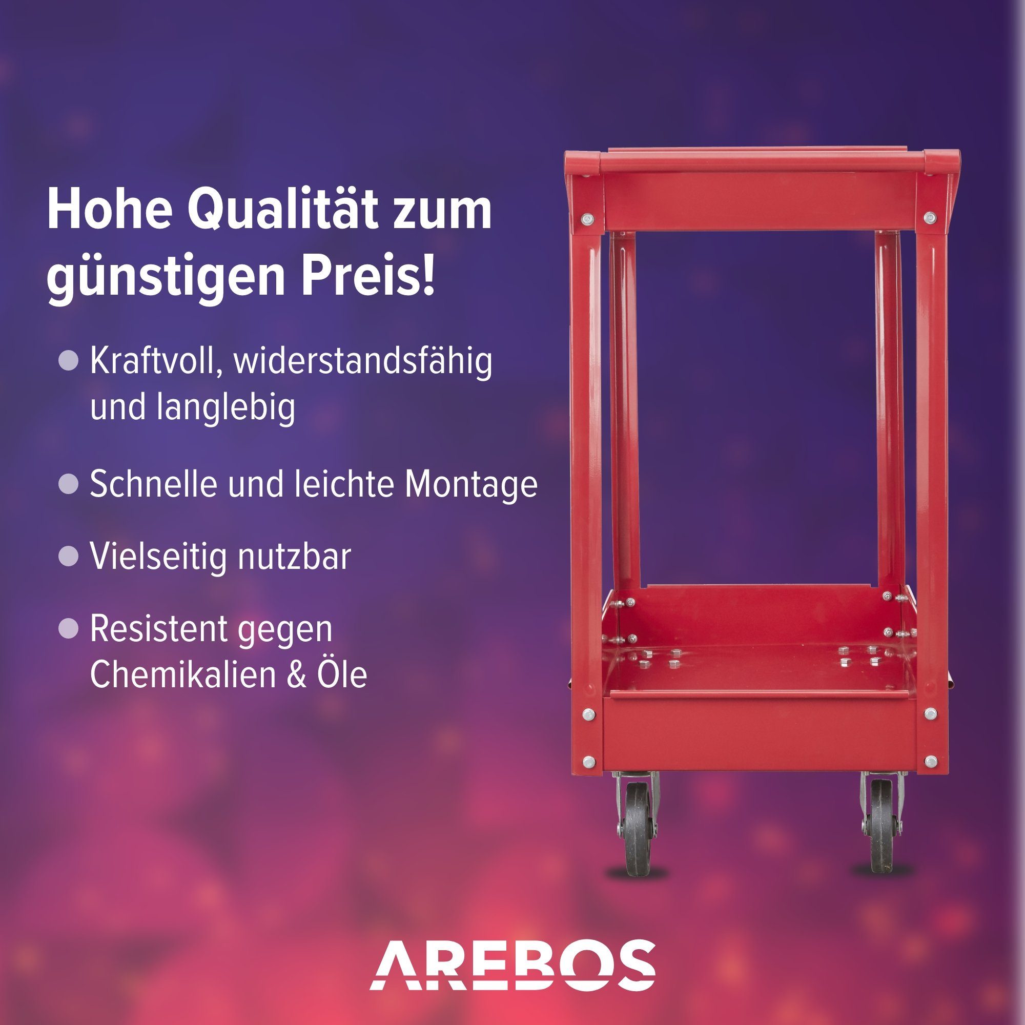Arebos Werkstattwagen Werkstatt-Rollwagen, Werkzeugwagen, Belastbarkeit bis zu 100 kg, 2 Fächer, max. Traglast:100,00 kg