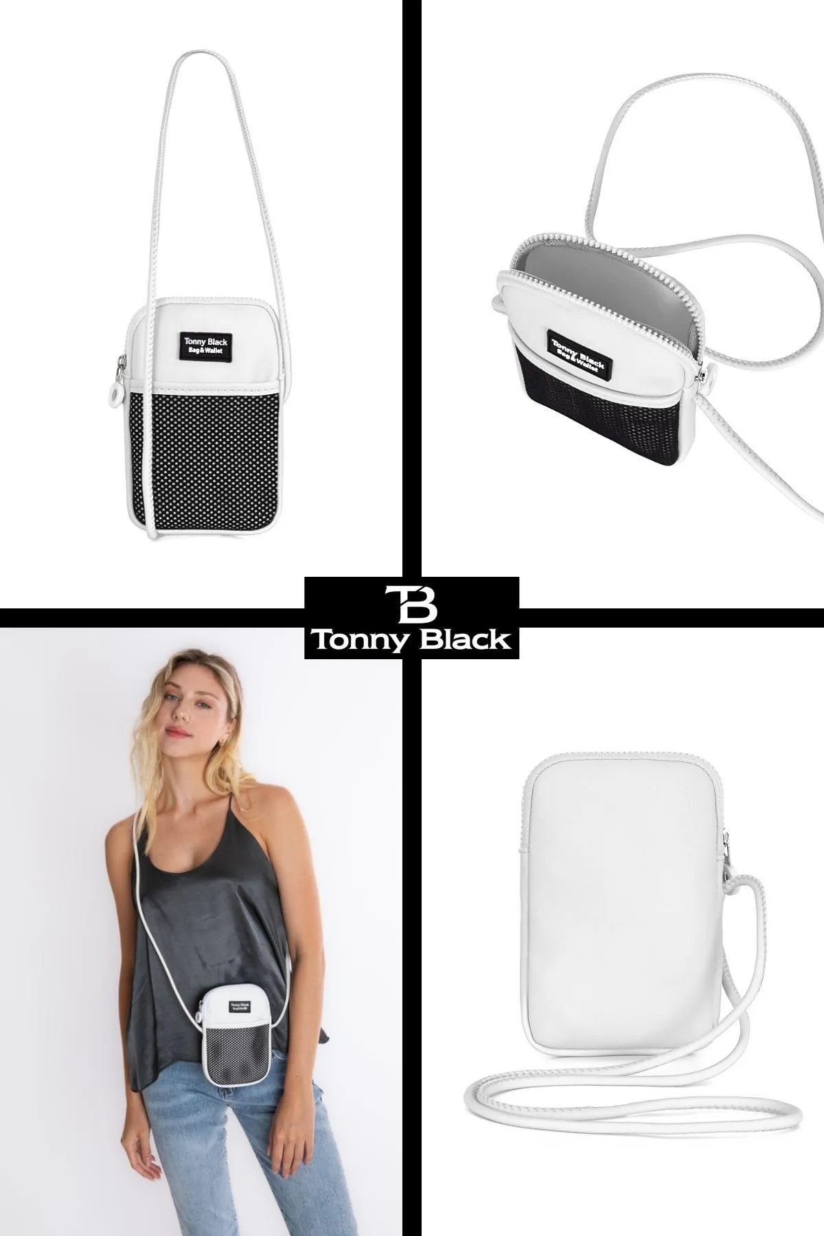Tonny Black  Original Handyfach, kreuzverstellbarer Riemen, Netz-Augen-Handyhalter mit Reißverschluss, Umhängetasche