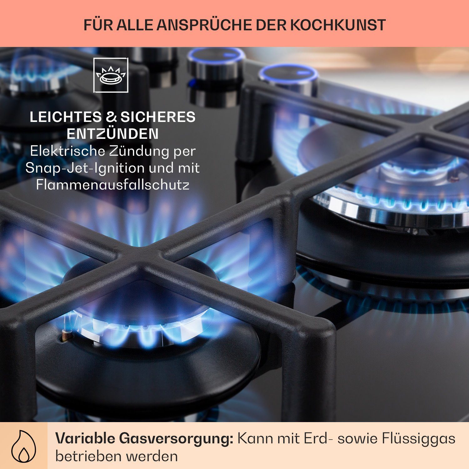 Klarstein Gas-Kochfeld Illuminosa 4 Gaskochfeld 4-flammig Sabaf-Brenner Glaskeramik CGCH6-Illuminosa-4, 4 flammen brenner Kochfelder Gaskochfelder