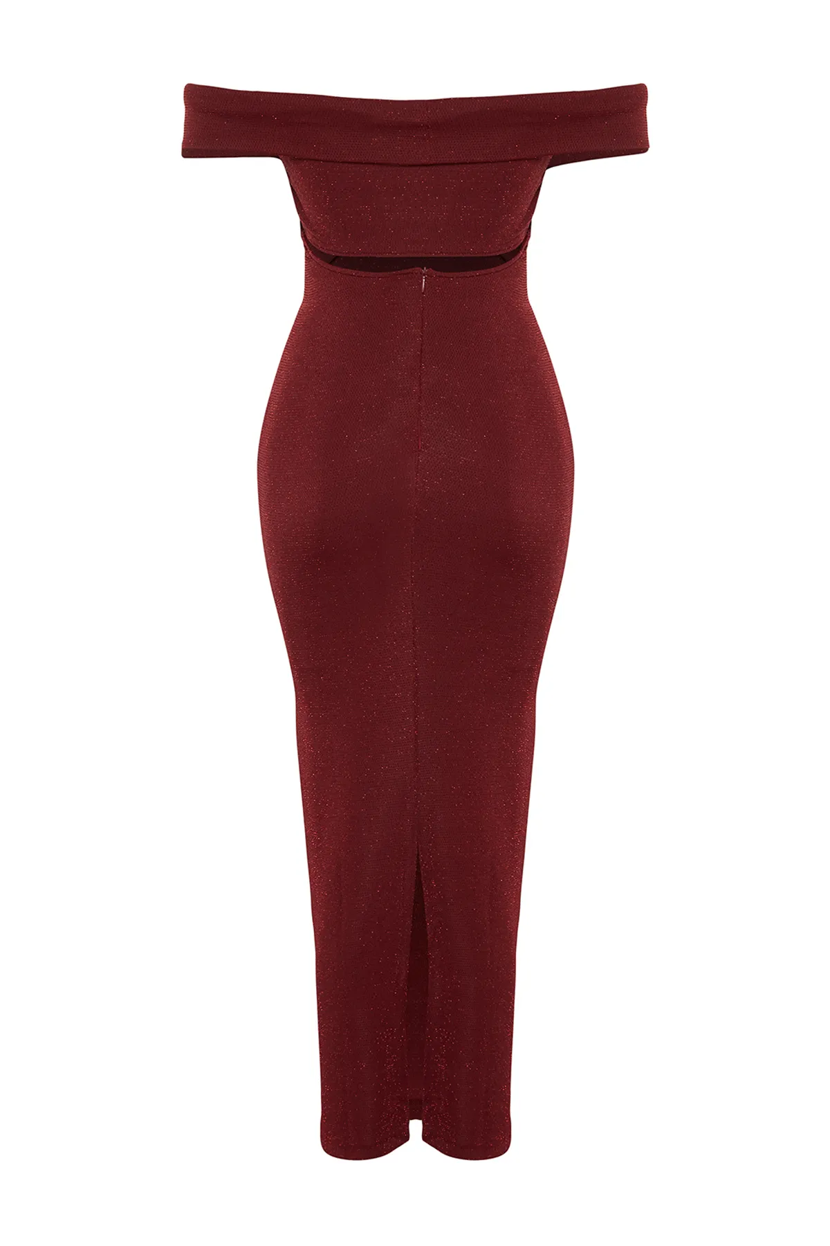 Trendyol Collection  Burgunderrotes Glitzer-Abendkleid aus Strick – Glitzer-Ausschnitt-Detail, TPRSS24EL00033
