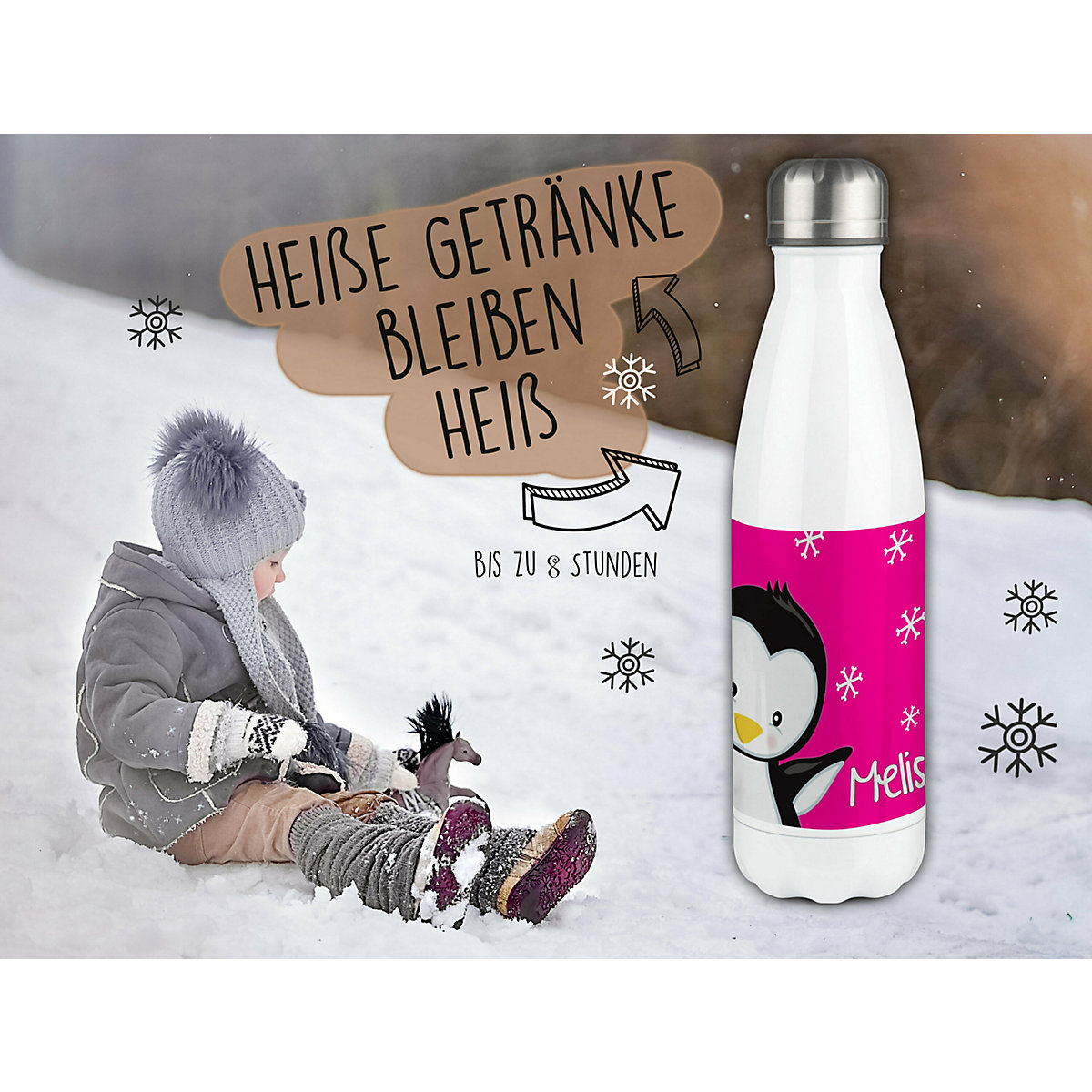 Edelstahl Kinder Thermoflasche / Trinkflasche bunt Pinguin Farbe pink Spülmaschinenfest, Auslaufsicher, Bruchfest, Doppelwandig, Für Heißgetränke geeignet, Mit Deckel, Isoliert