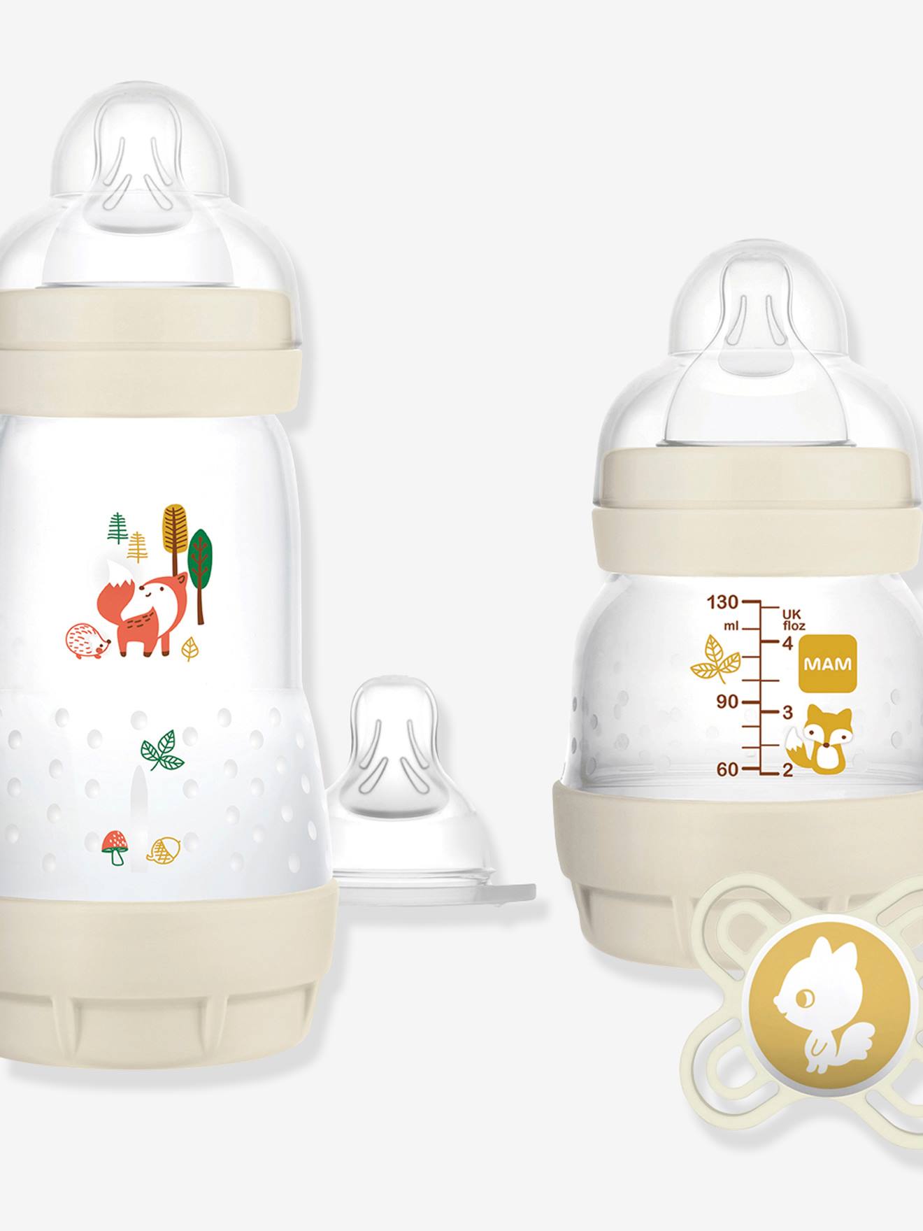 Coffret naissance biberons + tétines + sucette MAM lin