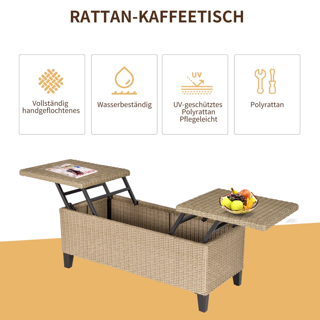 Outsunny Polyrattan Garten Balkontisch ausziehbar Stahl Khaki 103 x 50 x 45,5 cm