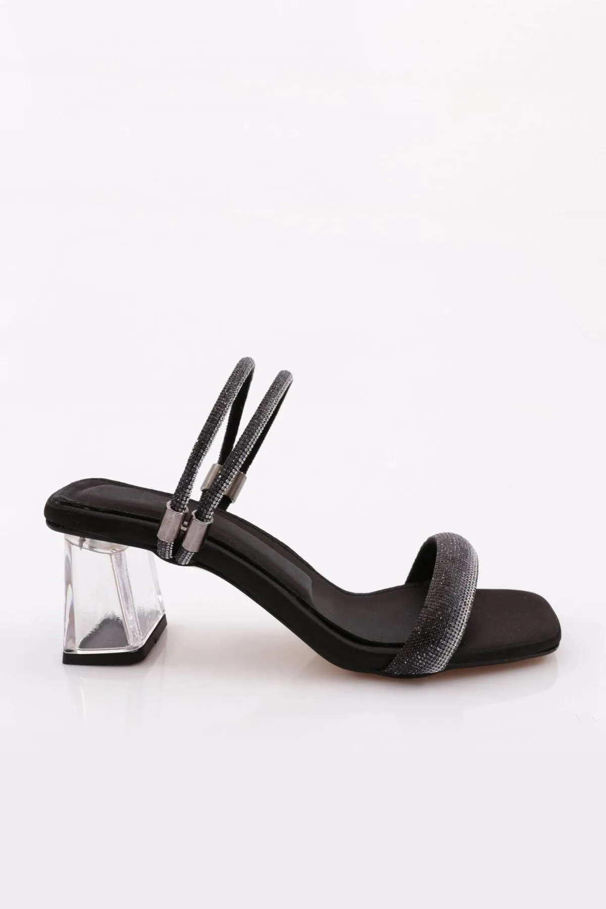 DGN  901 Damen - Schwarze Satin-Sandalen mit transparentem Absatz und quadratischer Zehenpartie