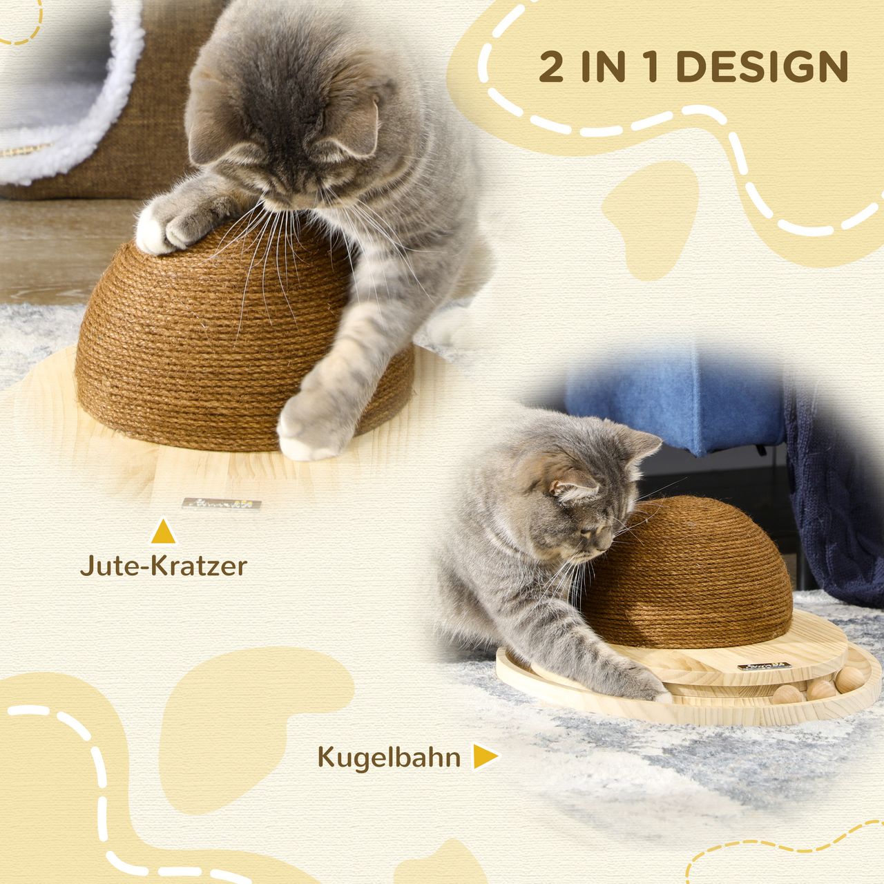 PawHut Interaktives Katzenspielzeug, 2-in-1-Design, Kratzspielzeug, Kiefernholz