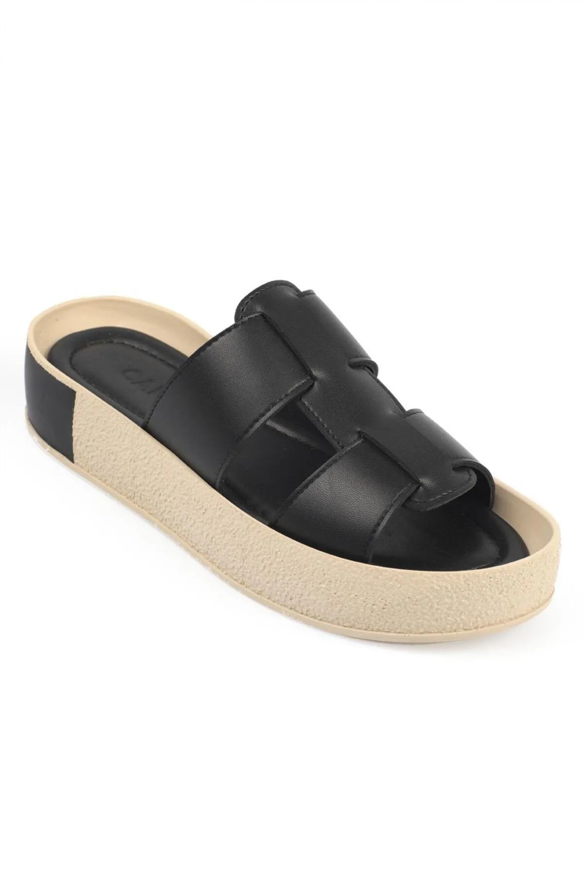 Capone Outfitters  Capone Gladiator Double Tape Bunte detaillierte Keilabsatz-Schwarze Damenhausschuhe