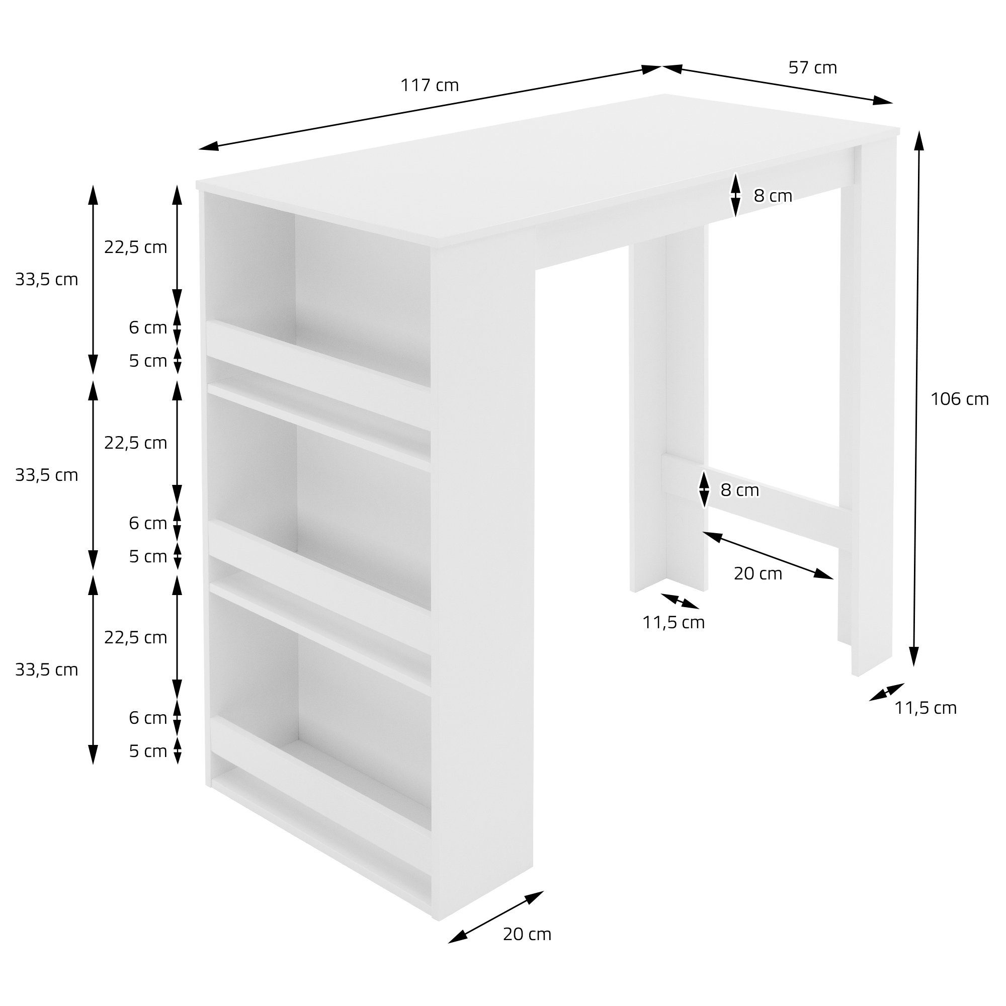 ML-DESIGN Bartisch Stehtisch Bartresen Bistrotisch Tresentisch Bartheke Küchentheke, Weiß 117x106x57cm 3-stufigem Regal viel Stauraum Modern