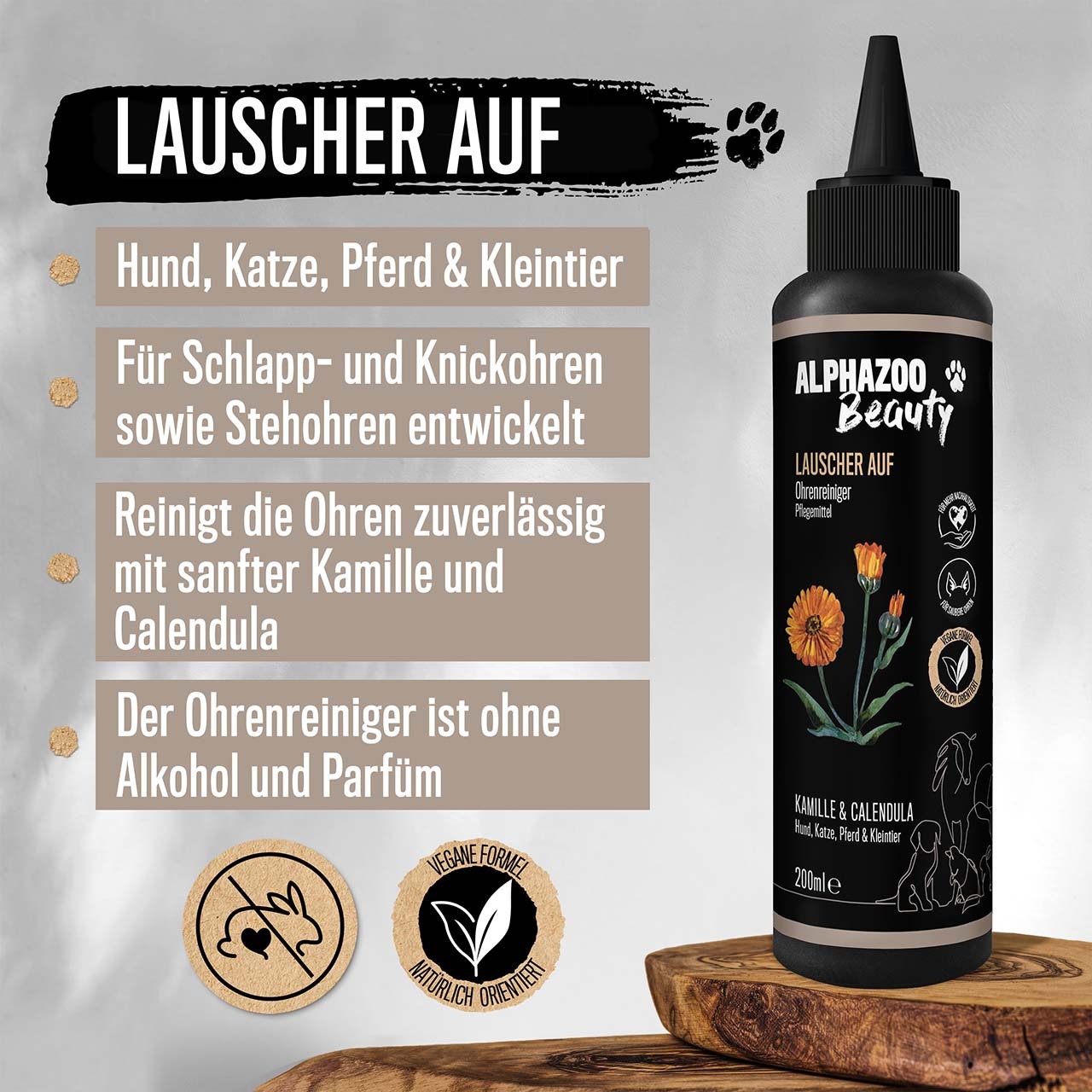 ALPHAZOO Augen- & Ohrenpflege ALPHAZOO Lauscher-Auf Ohrenreiniger für Hunde & Katzen I Ohrenpflege mit Kamille