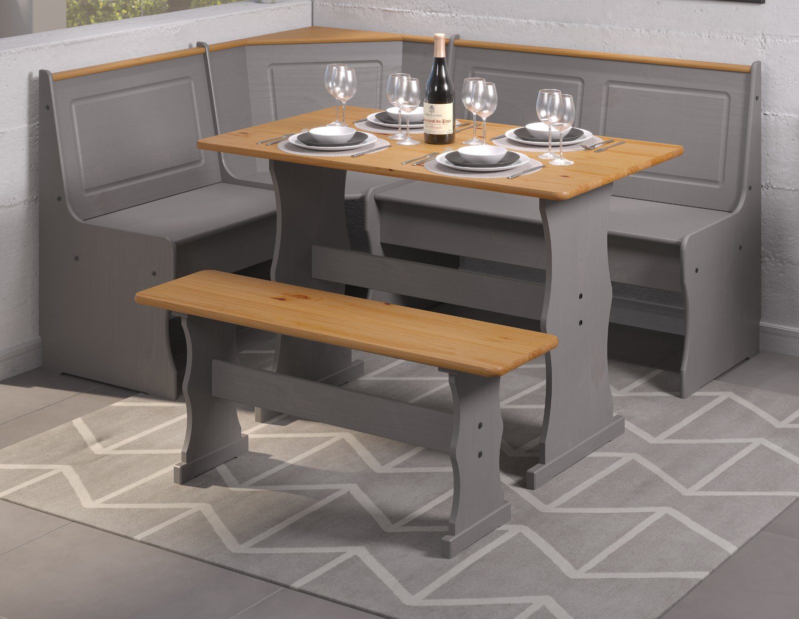 INTER-FURN Eckbankgruppe Paterno, (Komplett-Set Kiefer massiv, gewachst, 3-tlg., 3-teilig), inklusive Esstisch und Bank