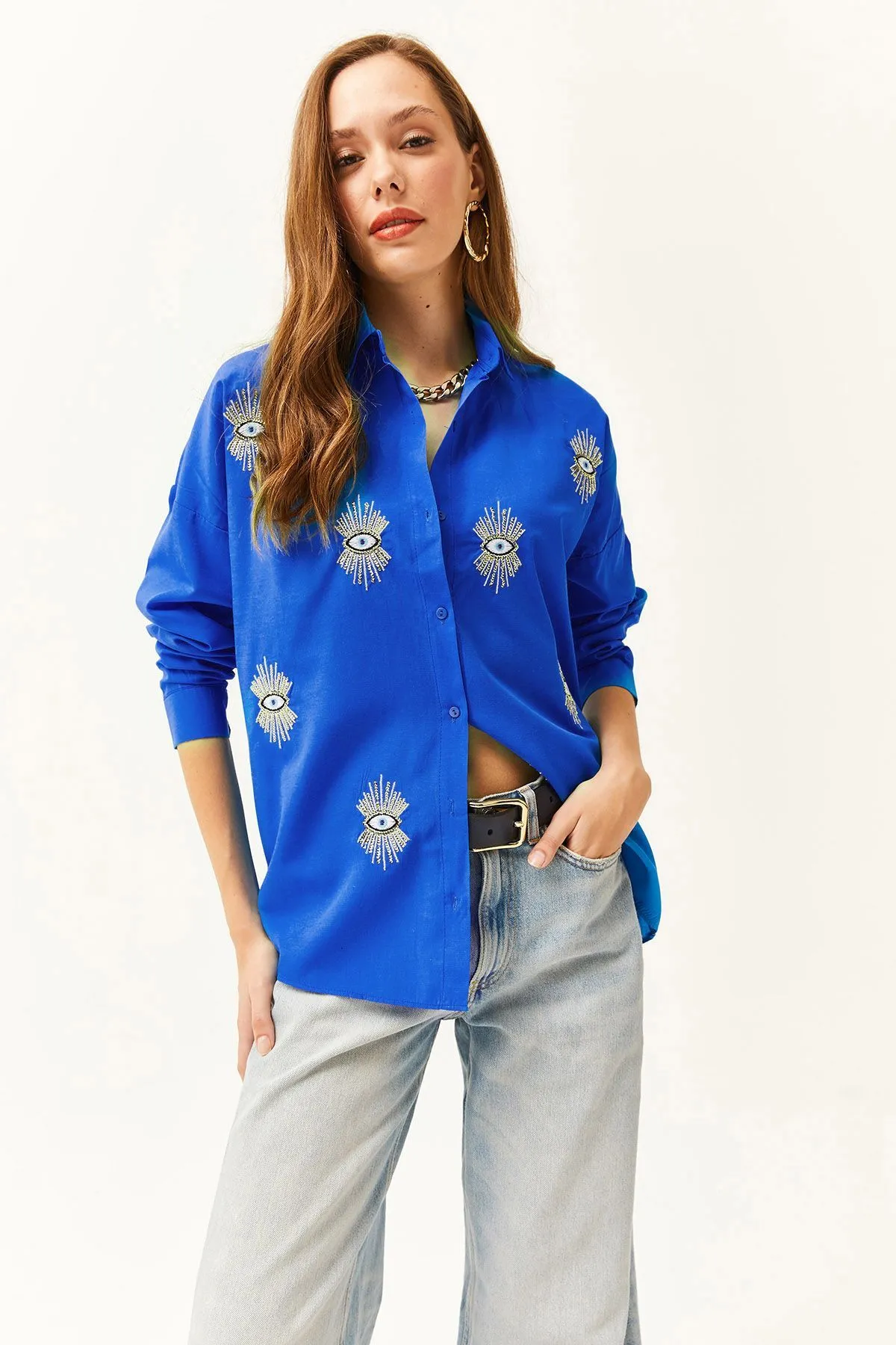Olalook  Damen-Boyfriend-Hemd von Saks in Blau mit Pailletten und detailliertem Webmuster GML-19000992