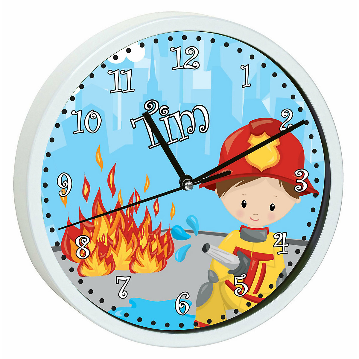 Kinder Wanduhr personalisiert mit Name Feuerwehrmann