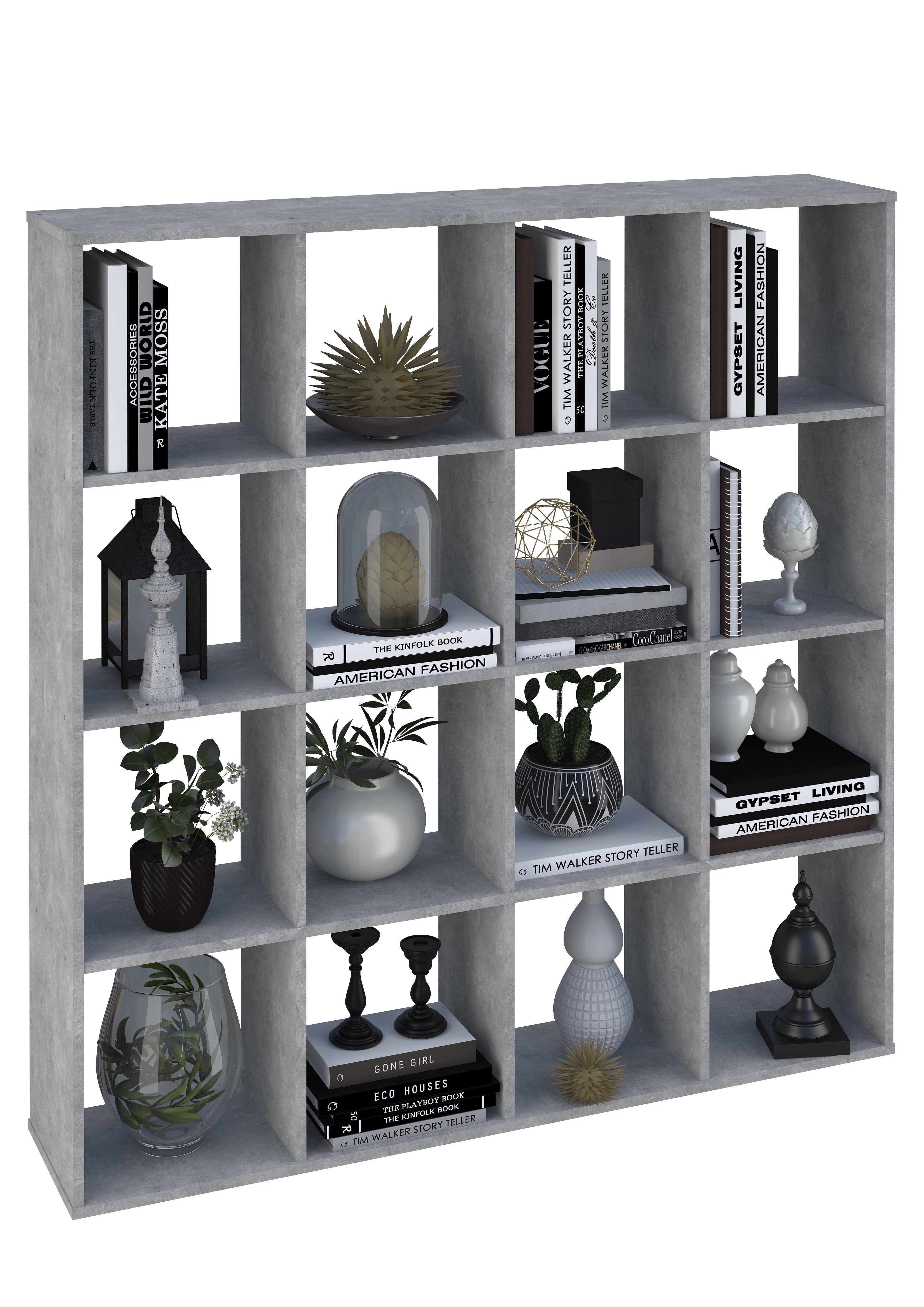 Polini Home Raumteilerregal Polini Home Raumteiler Bücherregal Regal 16 Fächer Beton-grau