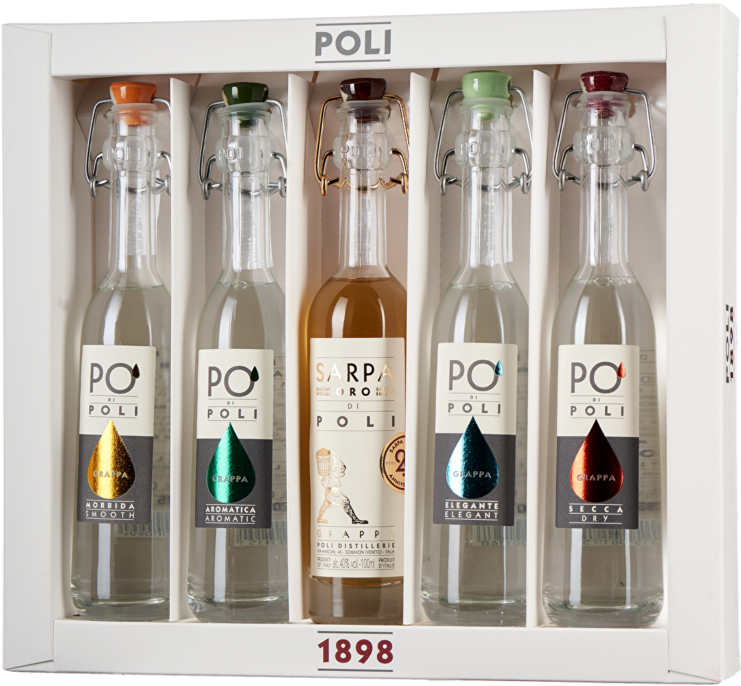 Poli 5er-Set Grappa Baby Pack je 100 ml 0,5 Liter im Geschenkkarton