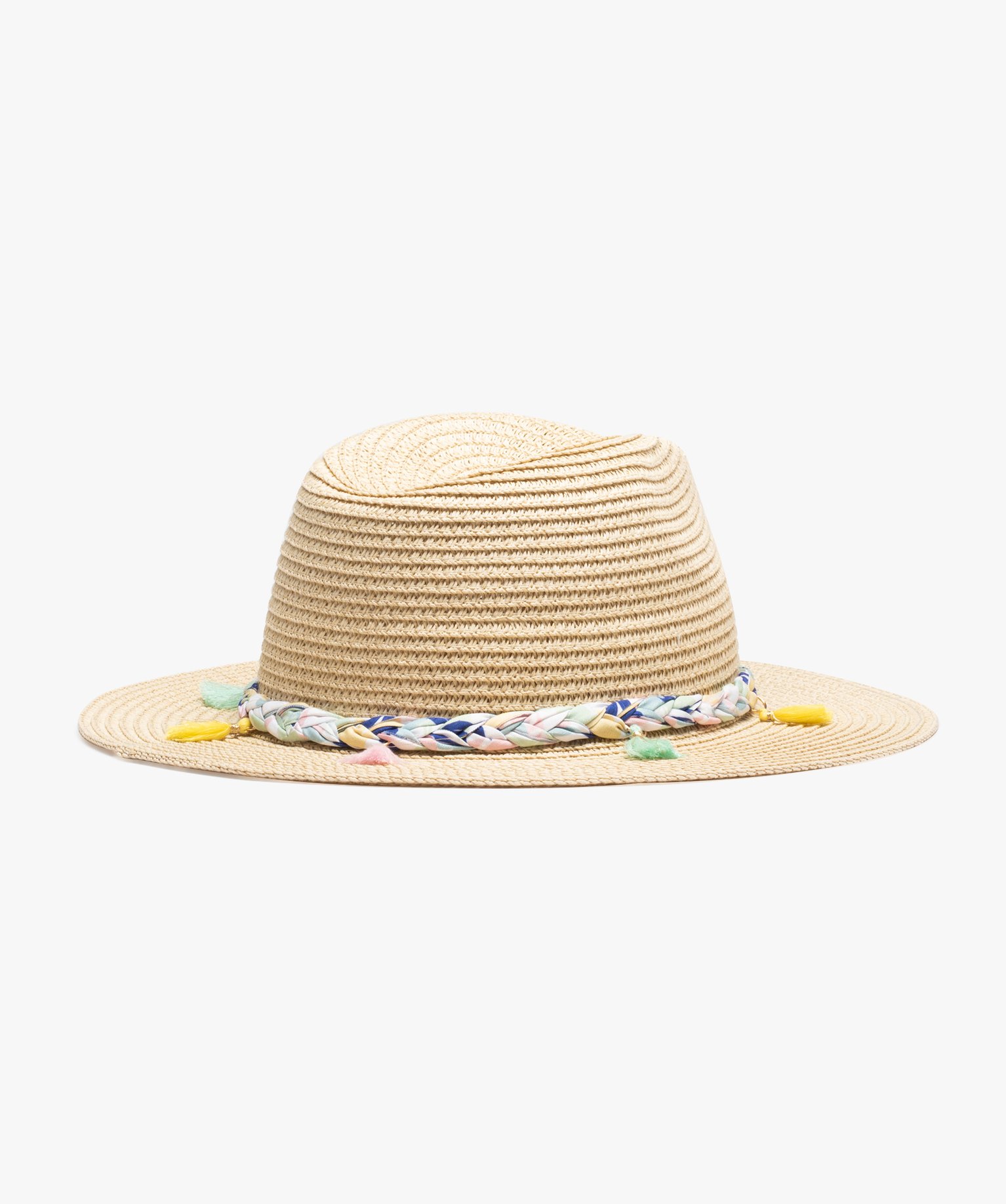 Chapeau fille en paille avec tresse et pompons beige | GEMO