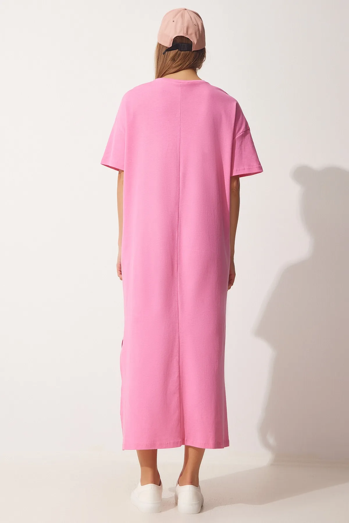 Happiness İstanbul  Hellrosa Baumwoll-Sommerkleid für Damen aus gekämmter Baumwolle UB00080