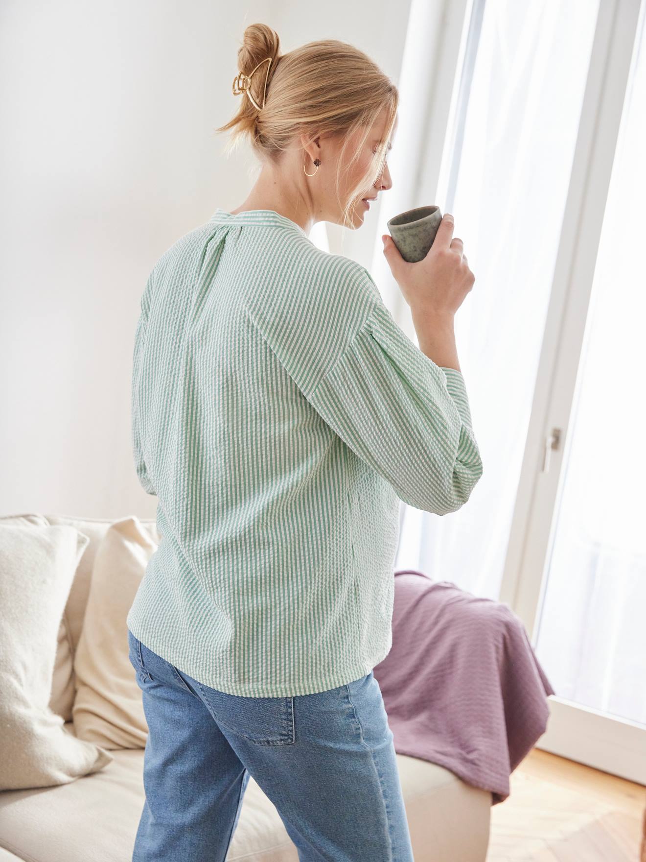 Chemise liquette grossesse et allaitement popeline rayée menthe