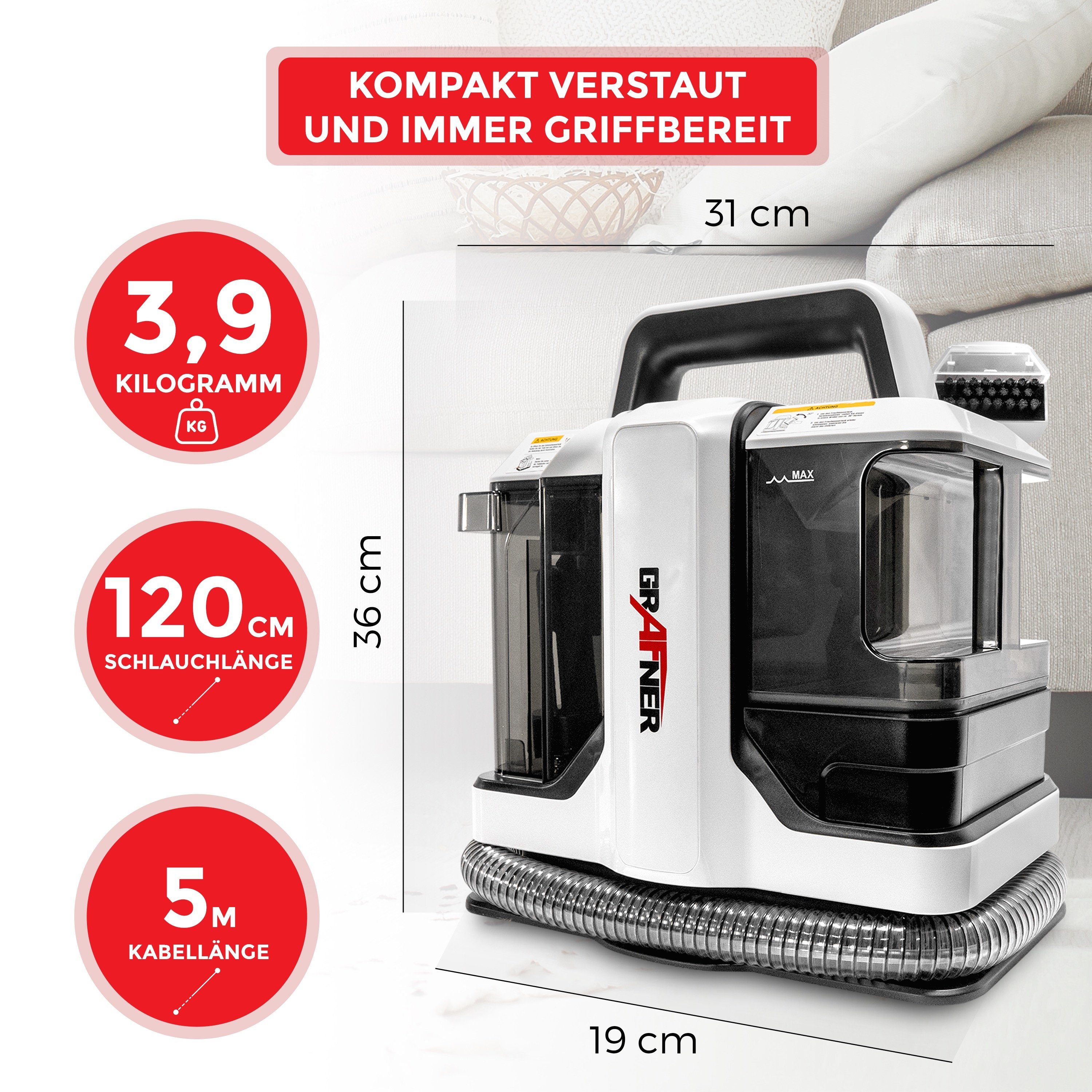 Grafner Staub-Wasch-Sauger Grafner mobiler Waschsauger Polsterreiniger Teppichreiniger 450 W, 450,00 W, beutellos, ohne Akku