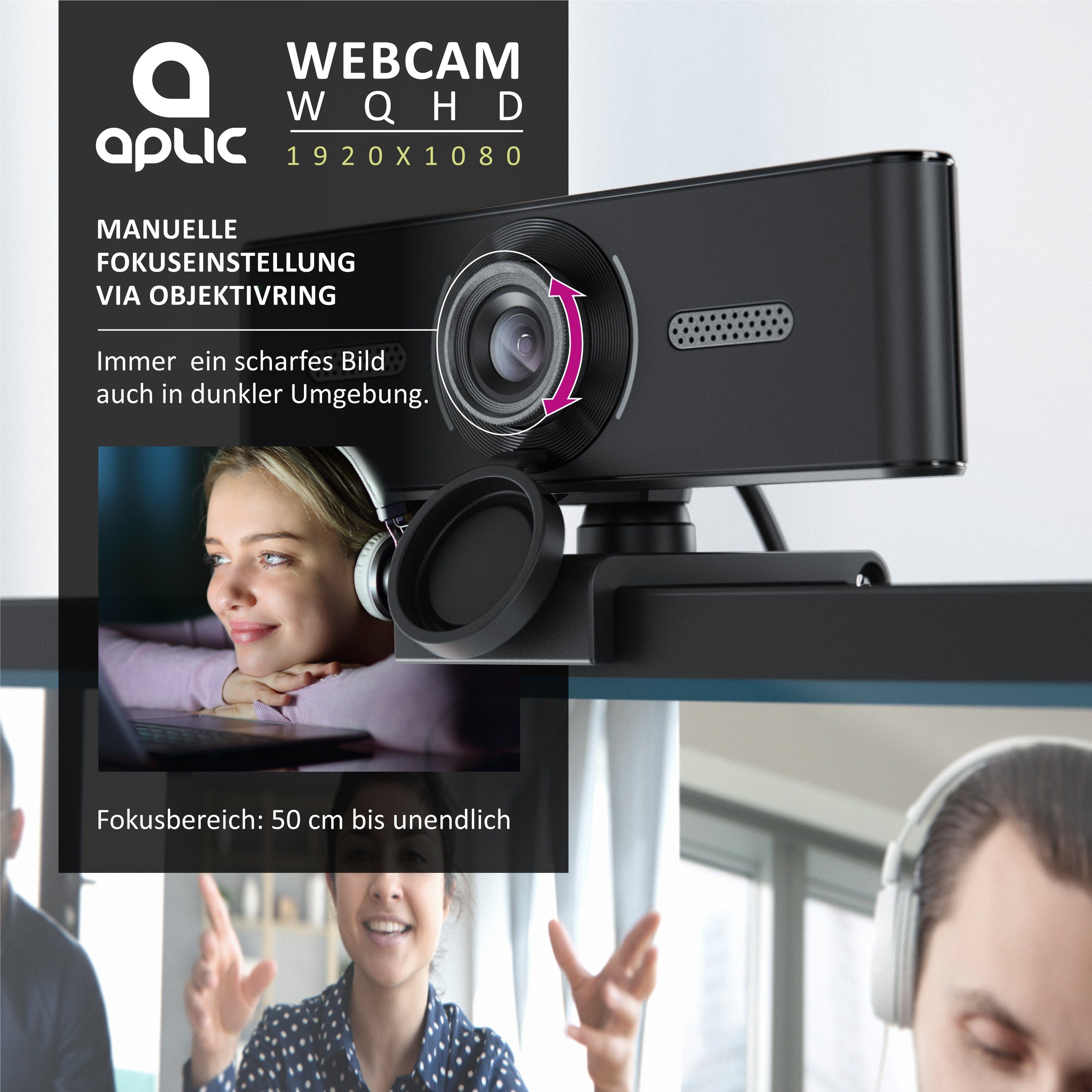 Aplic Full HD-Webcam (2K @ 30 Hz, FHD @ 60 Hz, manueller Fokus, Dual Mikrofon, Stativgewinde)