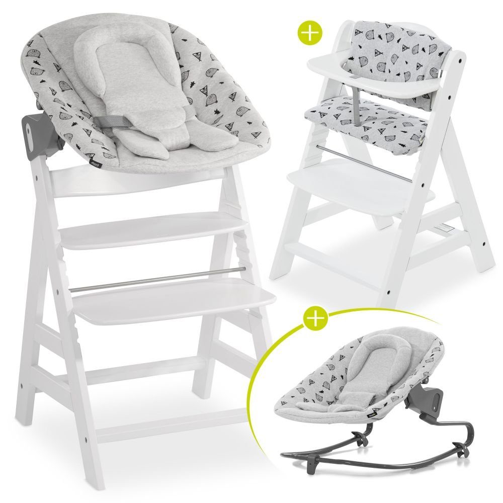 Hauck Hochstuhl Alpha Plus White Newborn Set (Set, 4 St), Baby Holz Hochstuhl ab Geburt mit Liegefunktion - inkl. Aufsatz für Neugeborene (Wippe) Premium & Baumwoll Sitzauflage - mitwachsend, höhenverstellbar