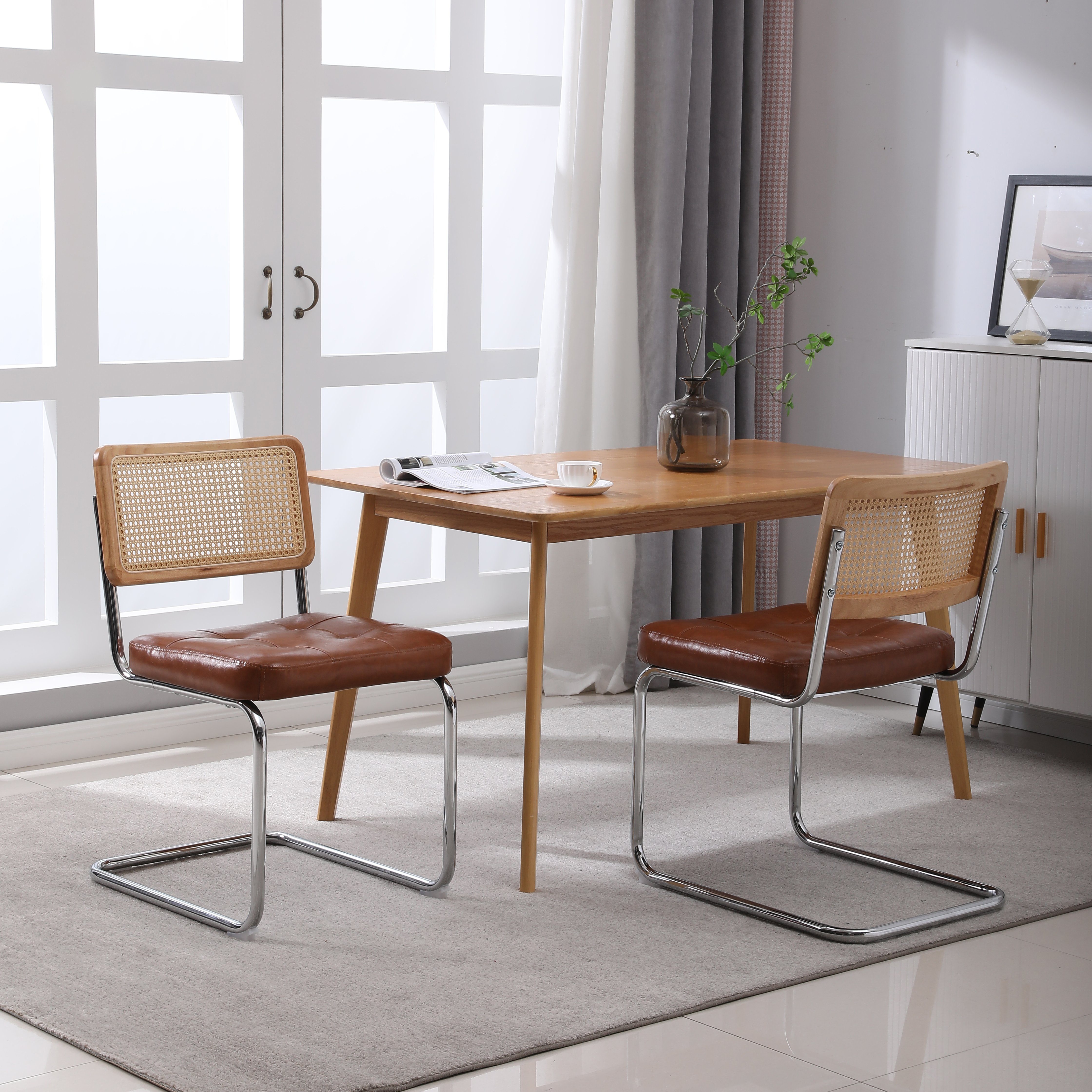 HAUSS SPLOE Esszimmerstuhl Esszimmerstühle 2er Set Sessel Rattan-Esszimmerstühle (Akzentstühle Rattan Esszimmerstühle Set von 2), gepolsterte getuftete Kunstleder, Mid-Century Moderne Esszimmerstühle