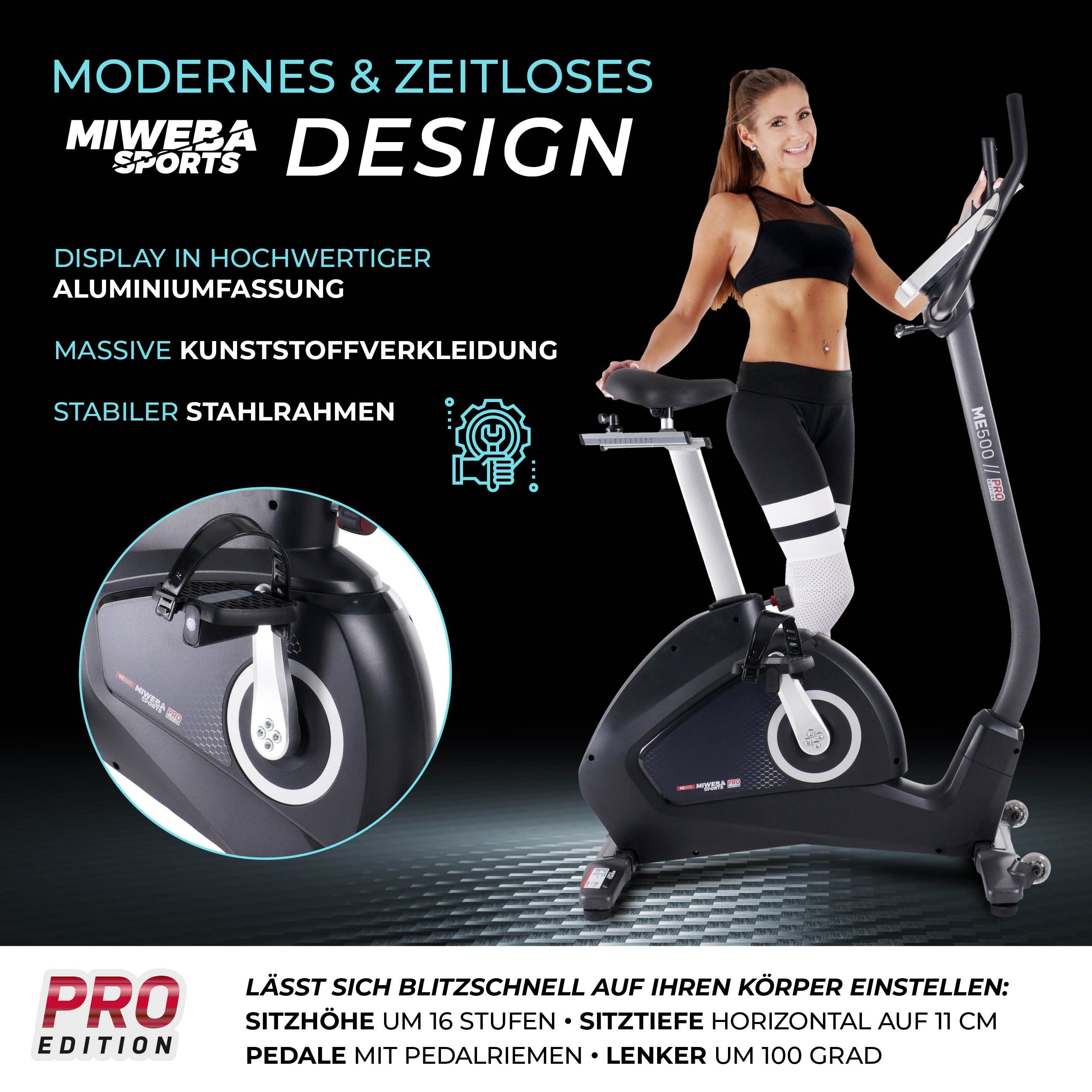 Miweba Sports Ergometer Profi Indoor Cycle ME500 - 14 Kg Schwungmasse (35 Trainingsprogramme, 32 Intensitätsstufen, 150 Kg. max Belastbarkeit, Cardio, Fahrrad Heimtrainer, Fitnessbike, Indoor Cycling, Fahrradtrainer, Bluetooth, LCD Display, Magnetbre