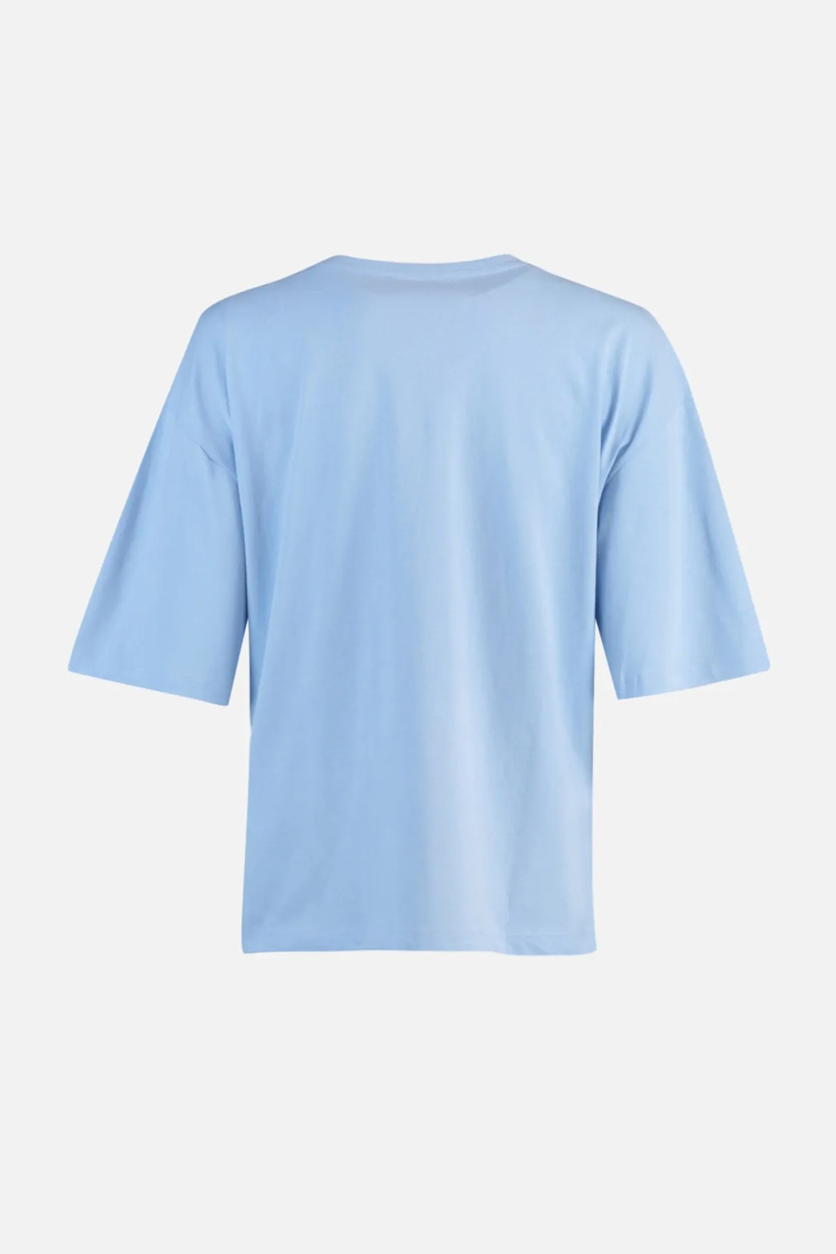 Trendyol Collection  Hellblaues, bedrucktes, lockeres/weites, entspanntes Strick-T-Shirt mit Rundhalsausschnitt aus 100 % Baumwolle TWOSS22TS1145