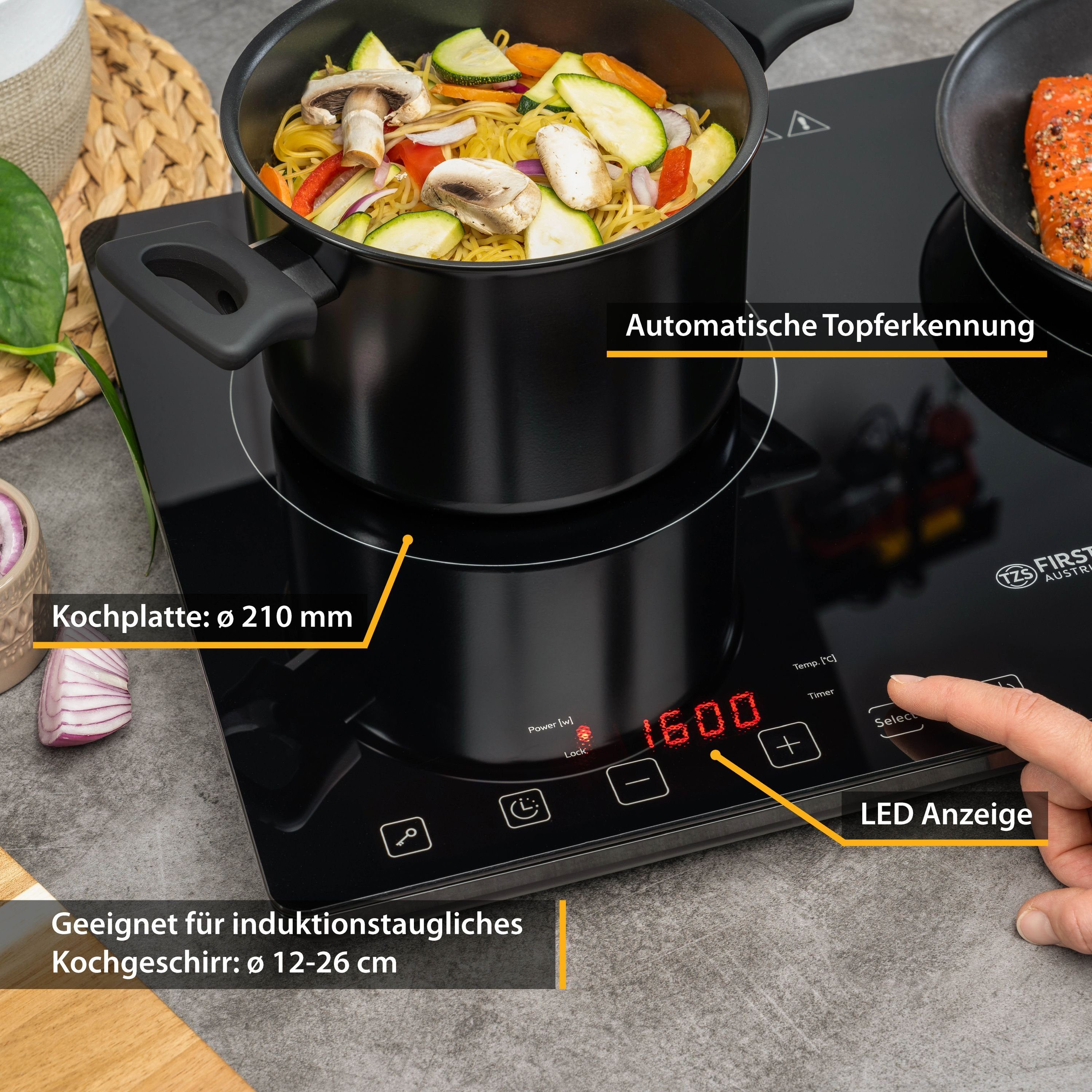 TZS FIRST AUSTRIA Doppelkochplatte Induktionskochplatte doppelt, 3400W, Slim-Design, Timer, Mobil, Induktion Kochplatte, 3400W, Keramik, Infrarot, Temperaturregelung