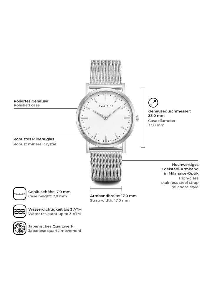 Eastside NY Damen Quarzuhr silber Edelstahl silber in silber günstig kaufen 20 cm