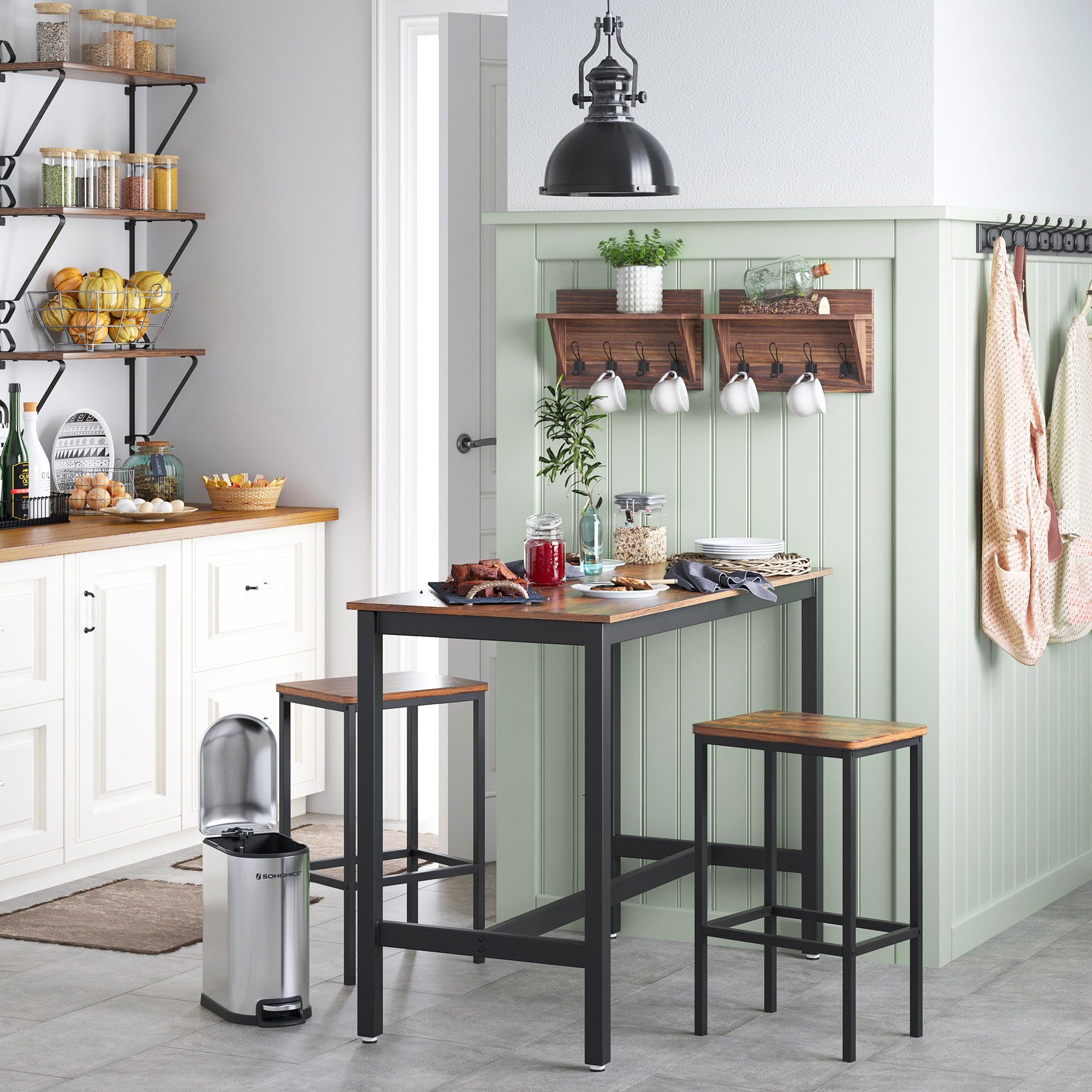 VASAGLE Bartisch Bartisch-Set, Esstisch(120 x 60 x 90 cm) mit 2 Barhochern