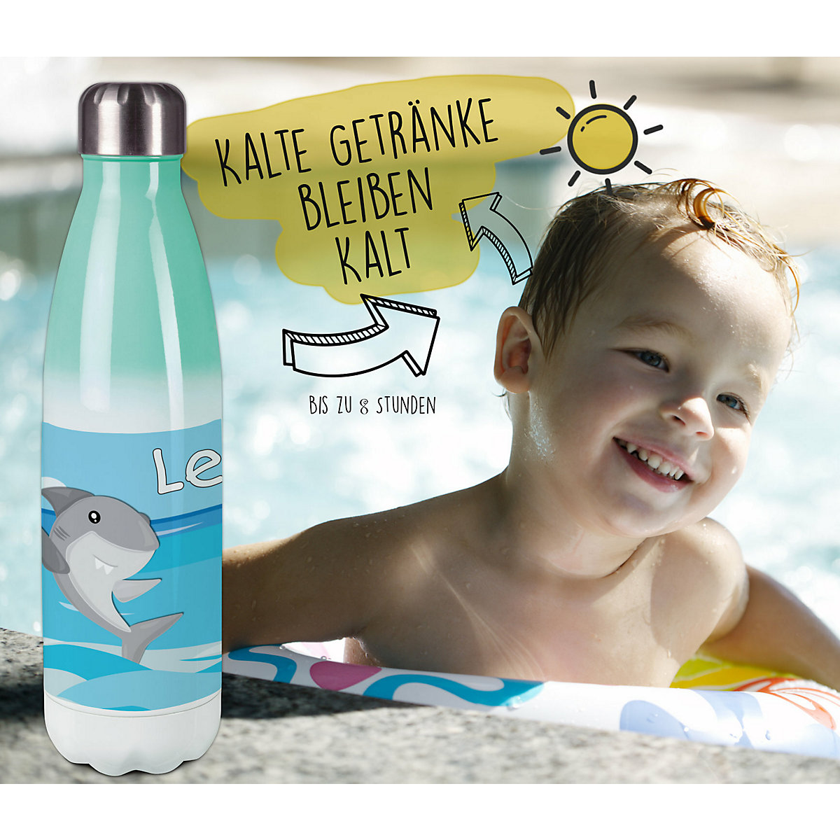 Edelstahl Kinder Thermoflasche / Trinkflasche bunt Hai Spülmaschinenfest, Auslaufsicher, Bruchfest, Doppelwandig, Für Heißgetränke geeignet, Mit Deckel, Isoliert