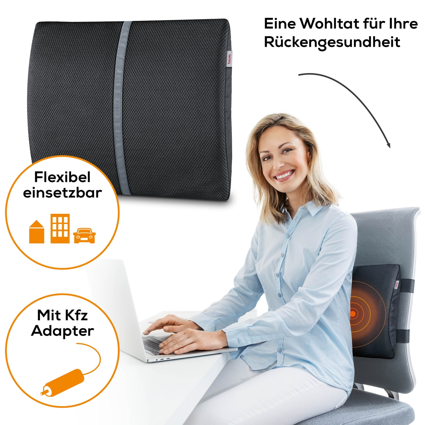 Beurer Heizkissen mit Rückenstütze HK 70-Ergonomische Rückenstütze mit Wärme & praktischer Sitzbefestigung