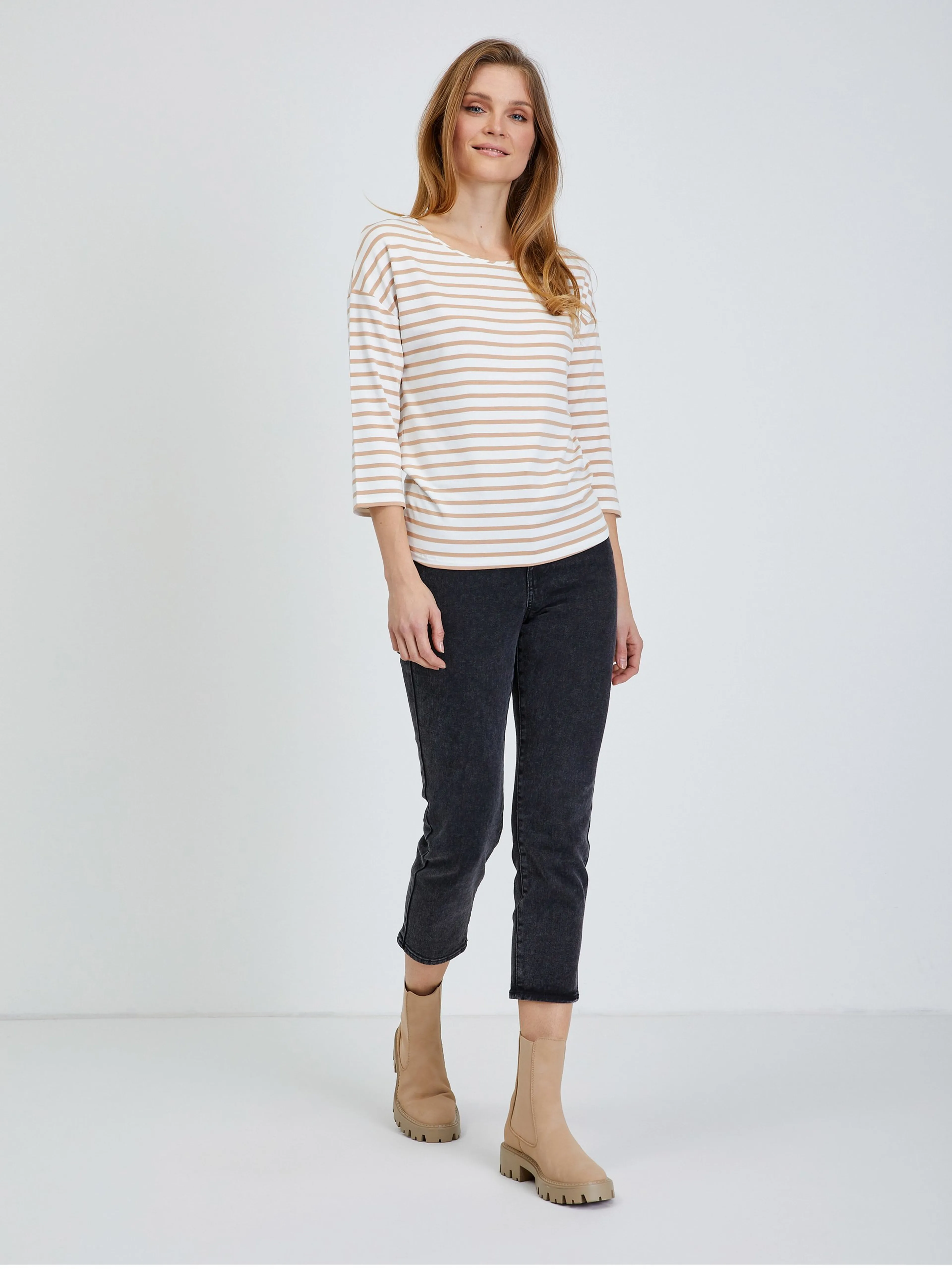 Beige gestreiftes T-Shirt mit Dreiviertel Ärmeln ORSAY