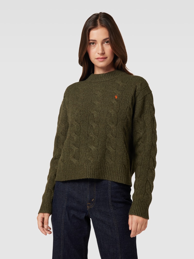Strickpullover aus Wolle-Kaschmir-Mix mit Zopfmuster in olivgrün