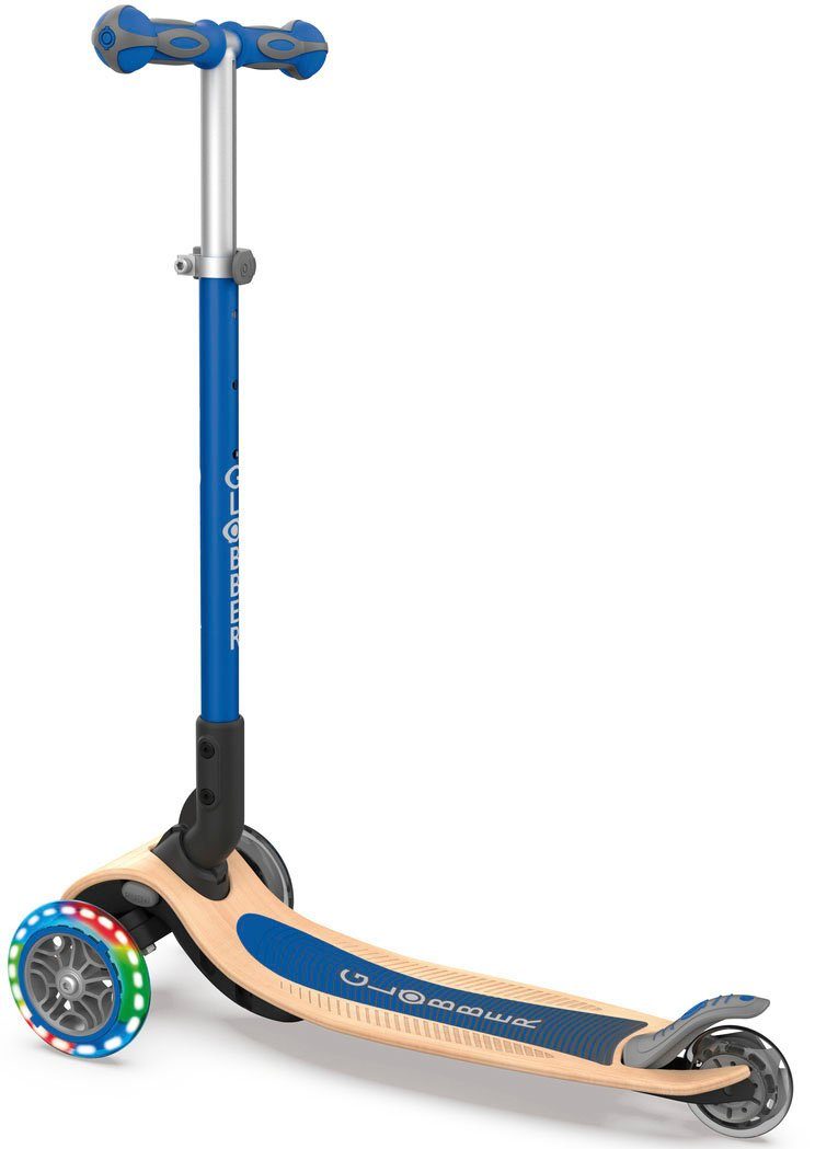Globber Dreiradscooter PRIMO FOLDABLE WOOD LIGHTS, mit Leuchtrollen und Holzdeck
