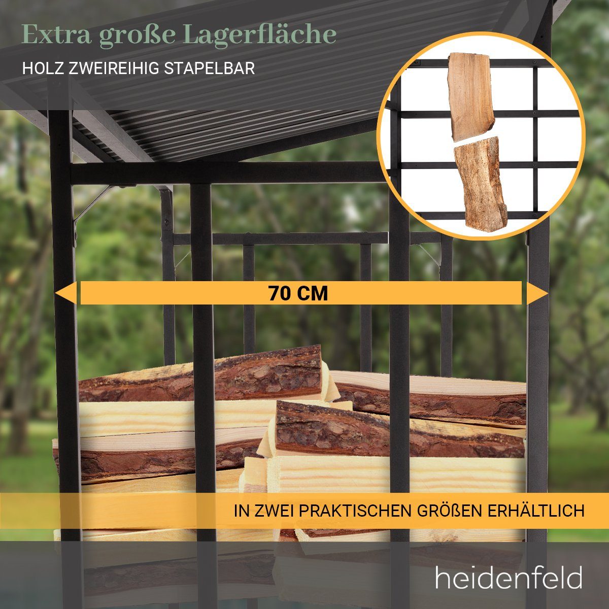 Heidenfeld Kaminholzregal Brennholzregal BR100, BxTxH:135x70x165 cm, (Kaminholzregal für außen und innen, Wetterbeständig, Welldach, 1-St., Max. Belastung 2250 kg, Stahl, Stoß- und Kratzfest), Stahl Feuerholzregal Holzstapelhilfe Holzunterstand Kamin