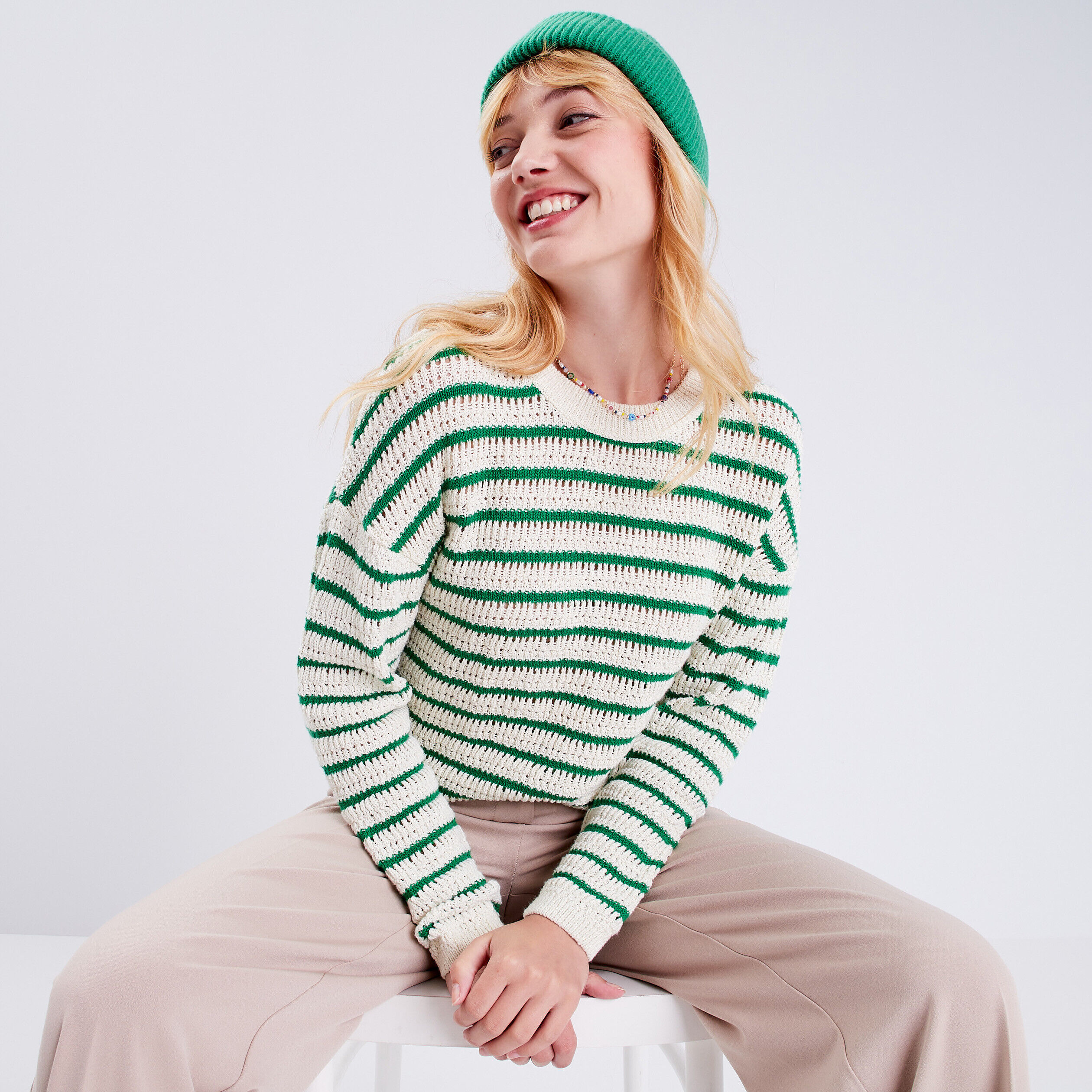 Pull manches longues ajouré vert femme | Cache Cache