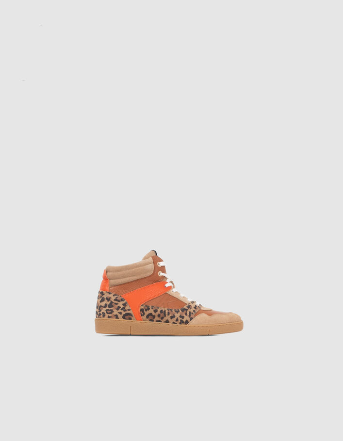 Sneakers beige, orange et motif léopard mix cuir Femme