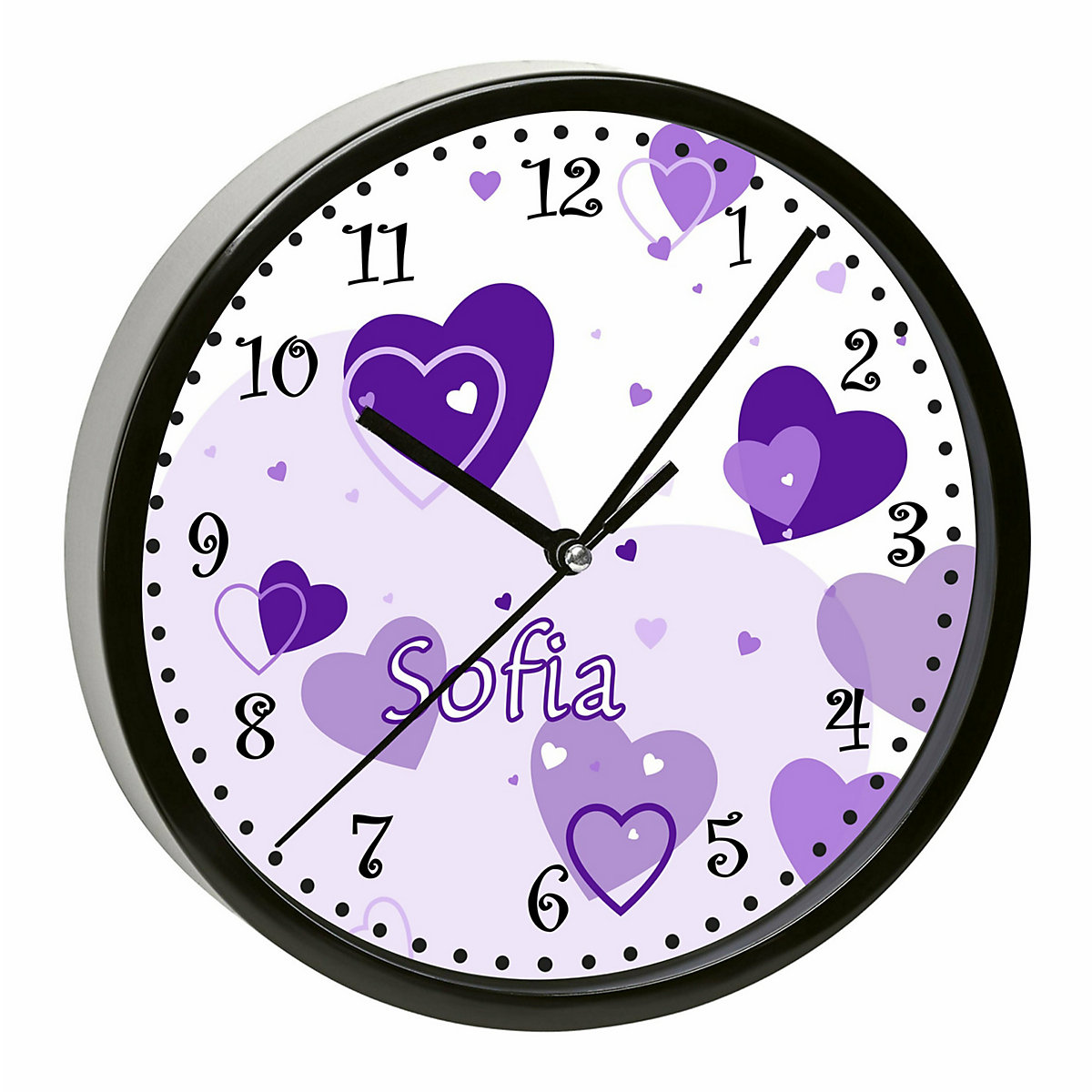 Kinder Wanduhr laufruhig personalisiert mit Name Herz Lila