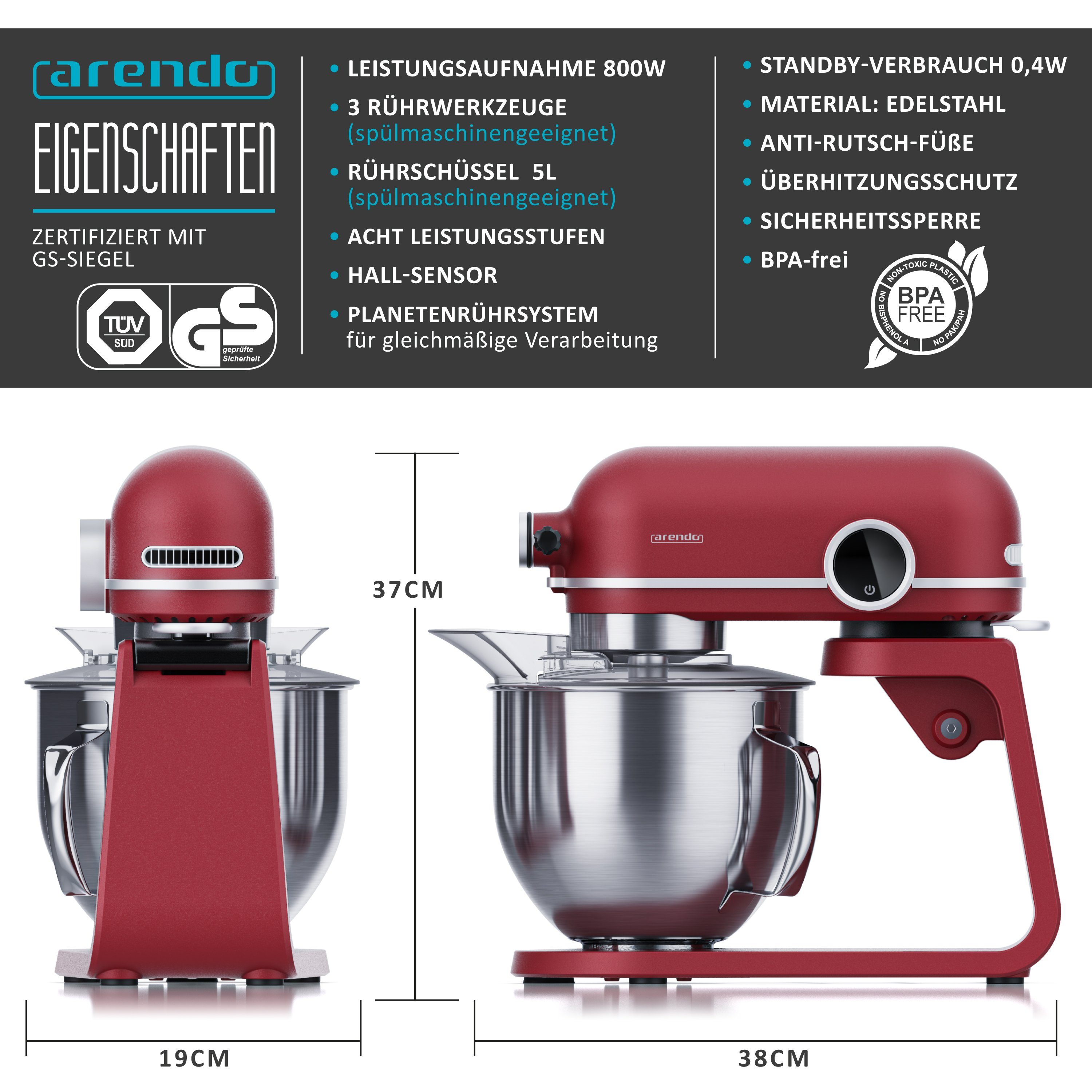 Arendo Küchenmaschine, 800 W, mit Display, 800W, 5L Edelstahlschüssel, inkl. 3 Rührwerkzeuge