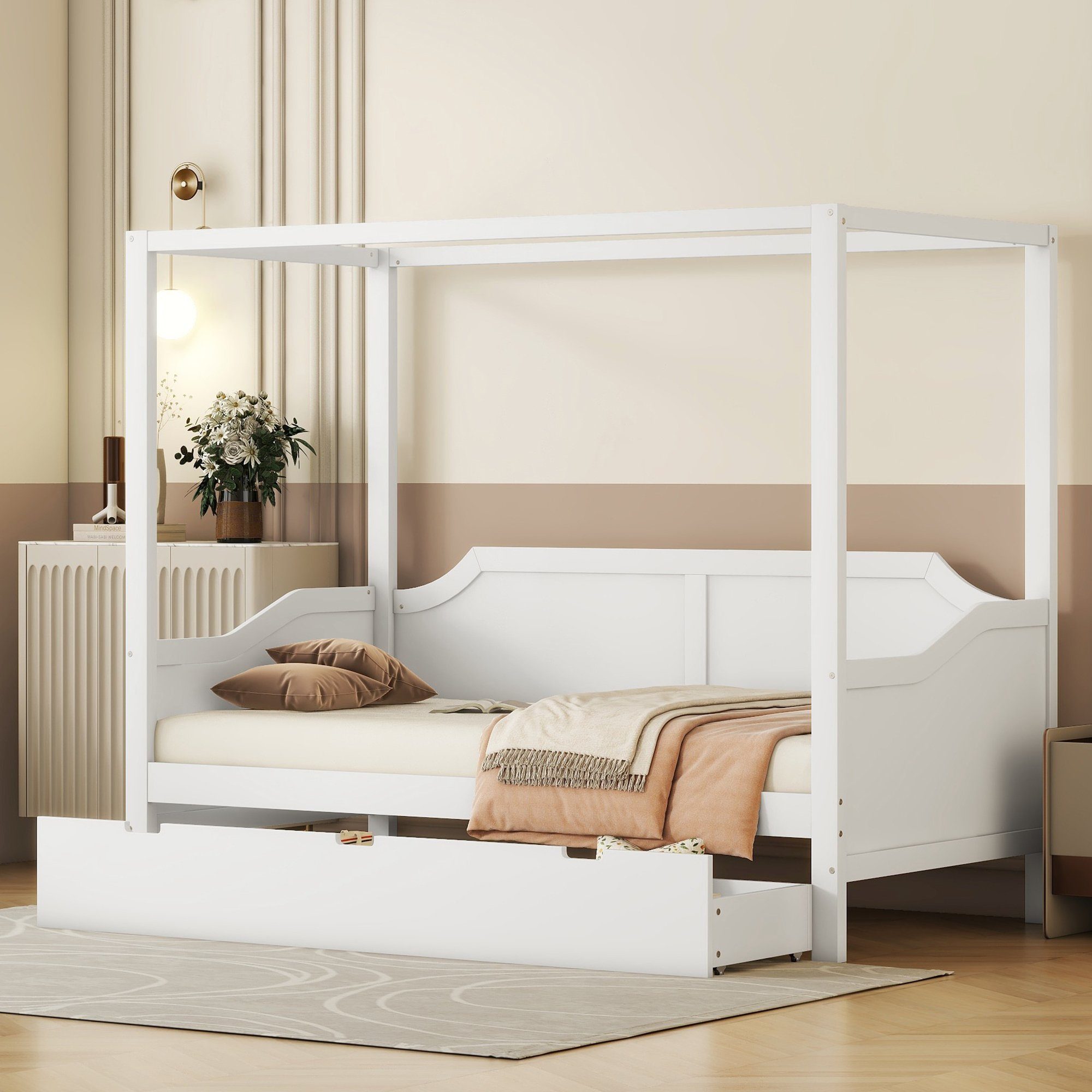 Celya Himmelbett 90 x 200 cm Größe hölzernen Baldachin Daybett Bettgestell, mit 3 in 1 Lagerung Schubladen