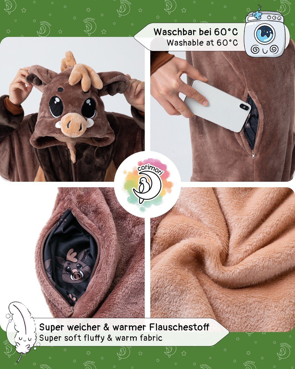 Corimori Jumpsuit Flauschiges Wildschwein-Kostüm für Kinder (2-tlg) mit Haarreif, Karneval, Fasching, Onesie, Mädchen, Jungen, Waldtiere