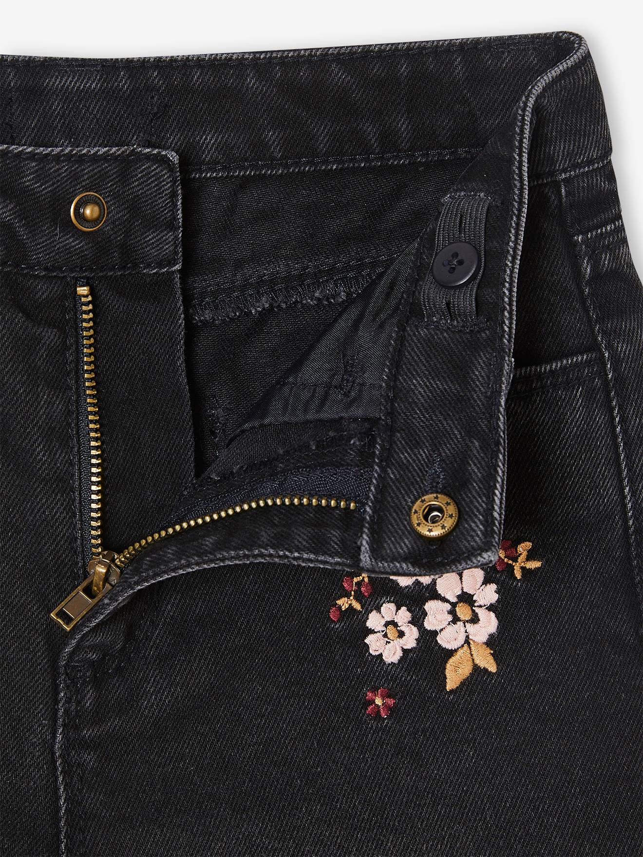 Jean large brodé fleurs fille noir imprimé