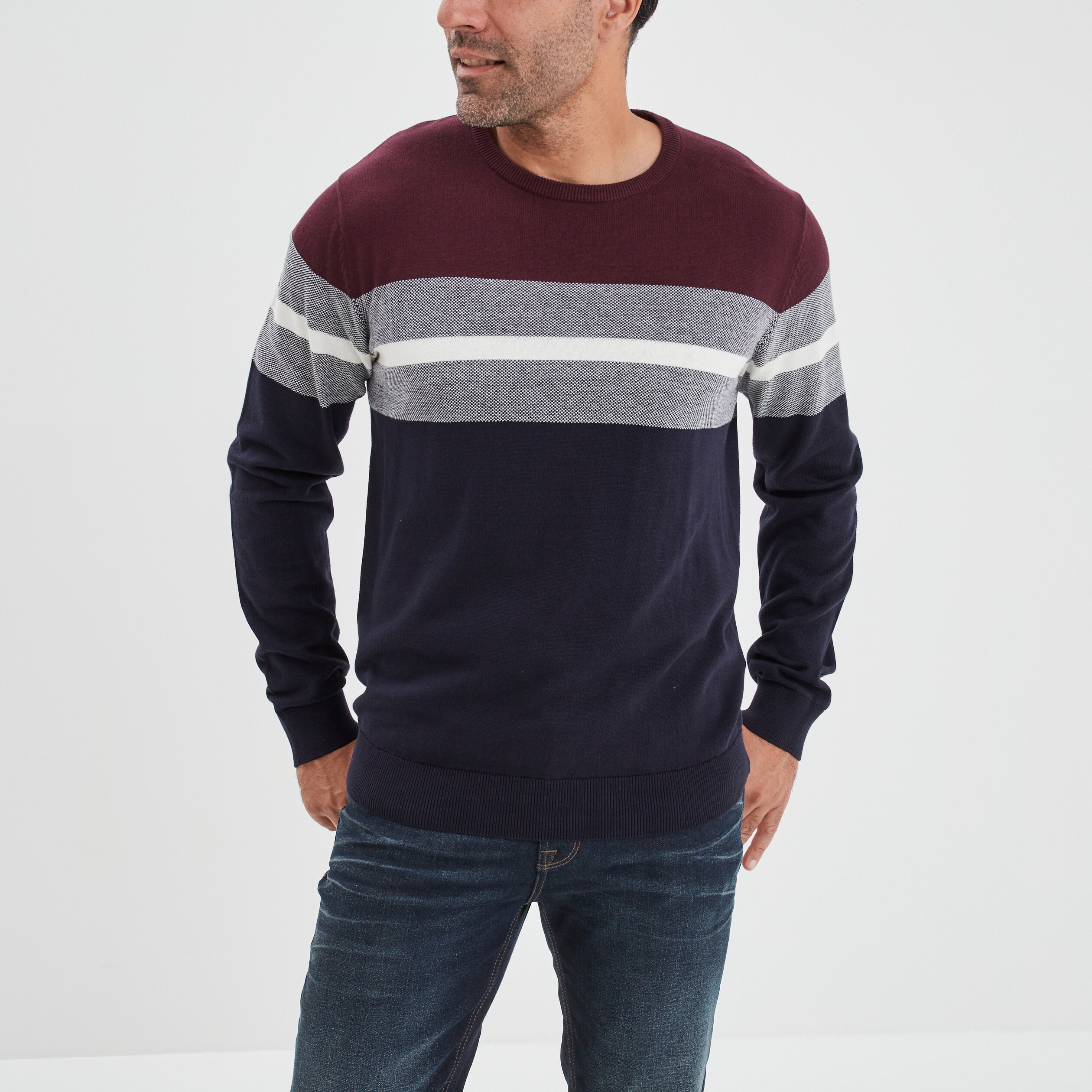 Pull col rond manches longues multicolore homme | La Halle