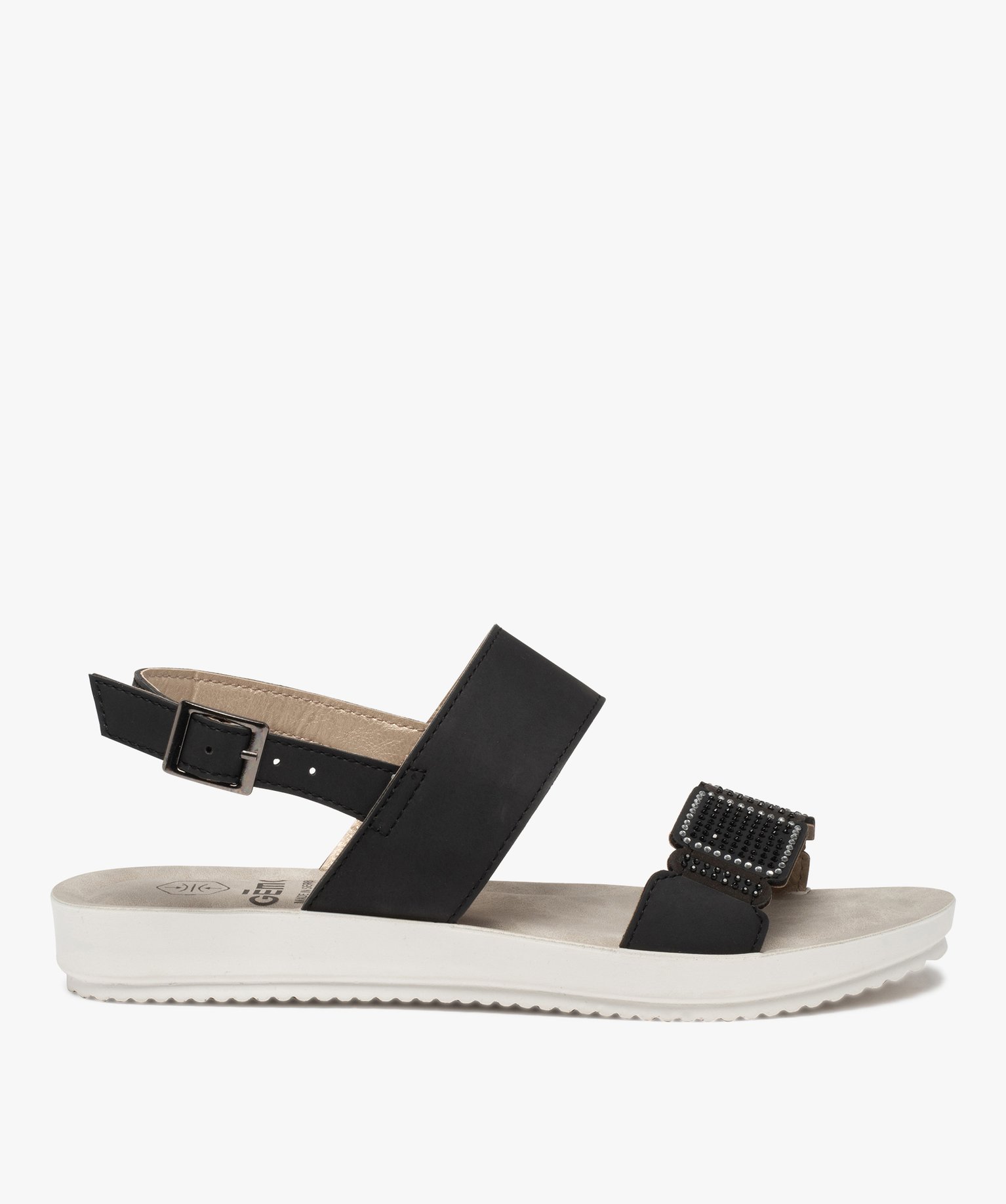 Sandales femme plates dessus uni à strass noir | GEMO
