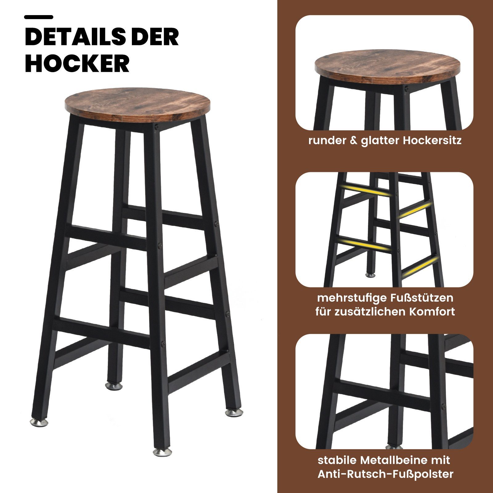 COSTWAY Bartisch, Set, mit 2 Barhockern und 3 Ablagen, 49x91x91cm, Industrie