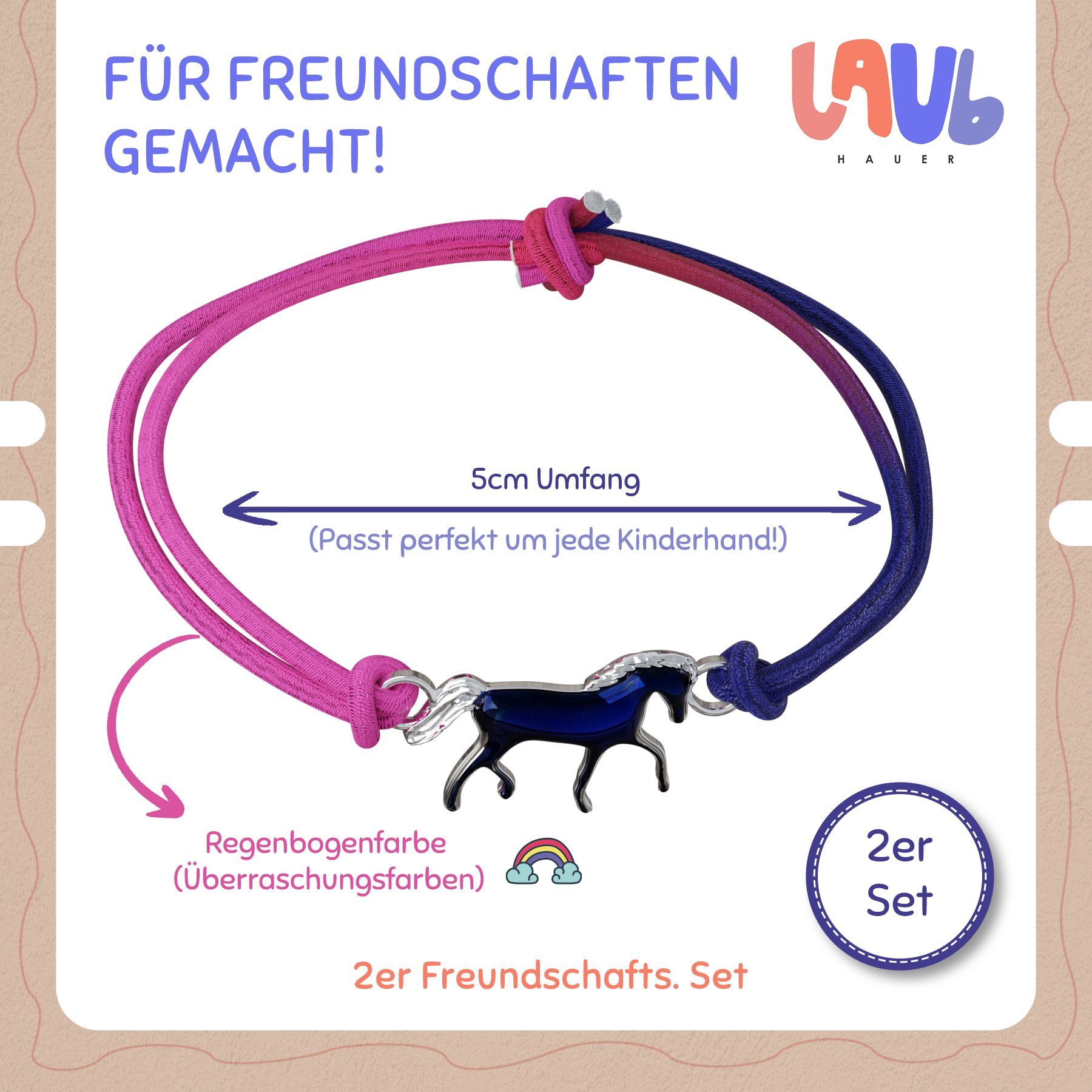 Laubhauer Armband Set Stimmungsarmband Pferd Einhorn Anhänger Kinder Mädchen Regenbogenfarbe (2, 2er Set), Freundschaftsband, Personalisierbar