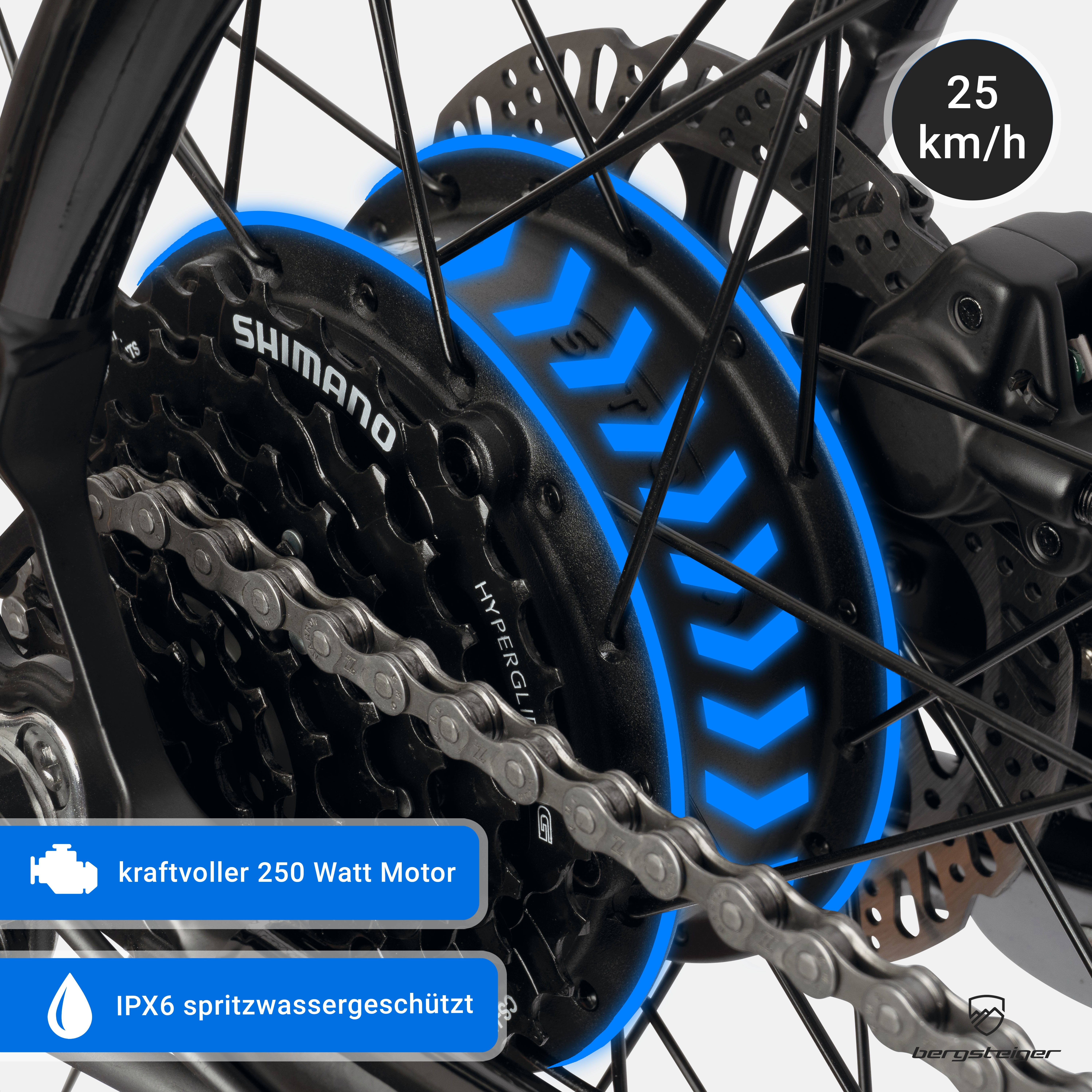 bergsteiger E-Bike Cannock E-Mountainbike mit 250 Watt Motor, 36V 10.4Ah & 12Ah Akku, Kettenschaltung, Heckmotor