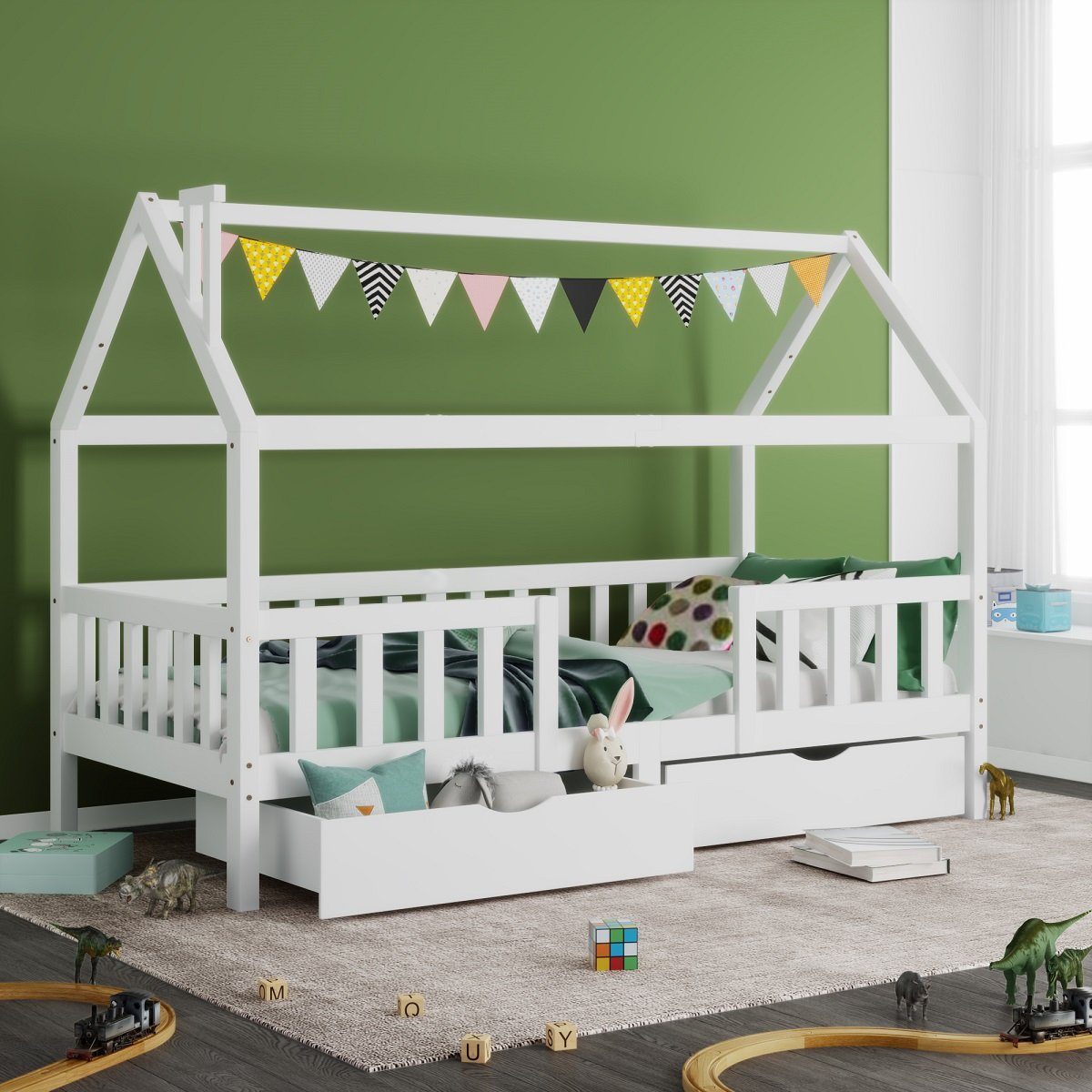SIKAINI Holzbett L-DJ-28549091WAA, Kinderbett Hausbett mit Schornstein 90 x 200 cm ohne Matratze