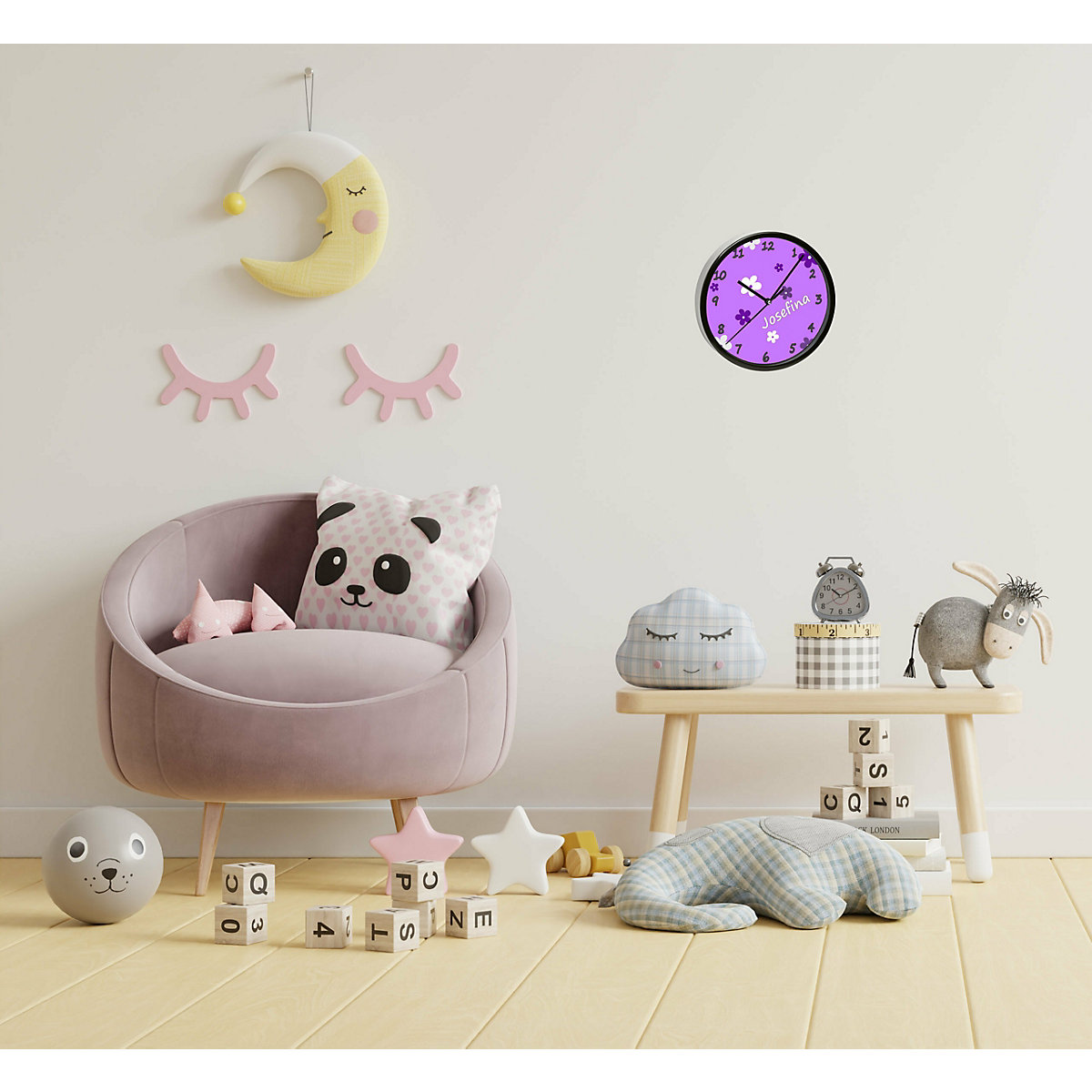 Kinder Wanduhr personalisiert mit Name Blumen Lila